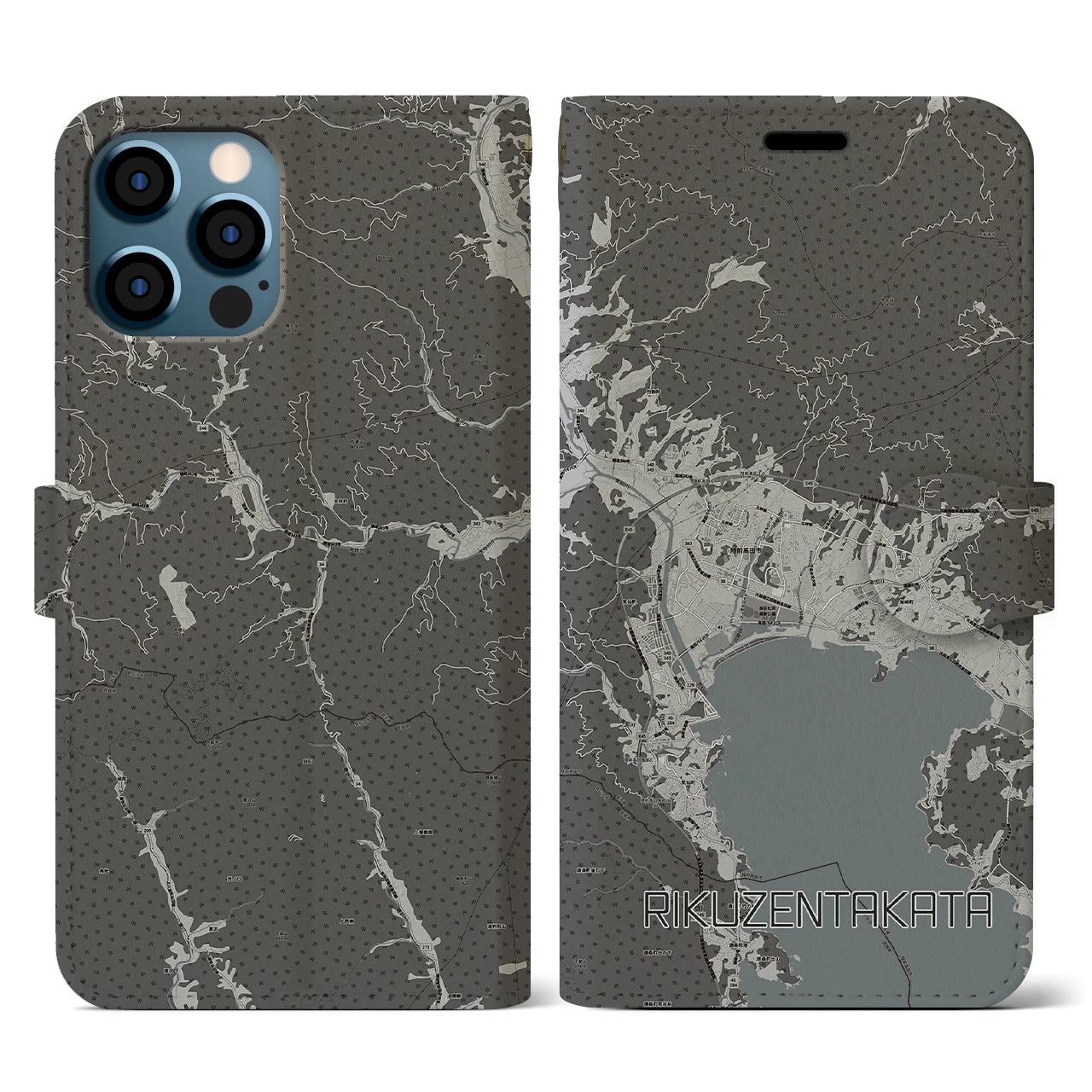 【陸前高田(岩手県)】地図柄iPhoneケース(手帳タイプ)モノトーン・iPhone 12 / 12 Pro 用