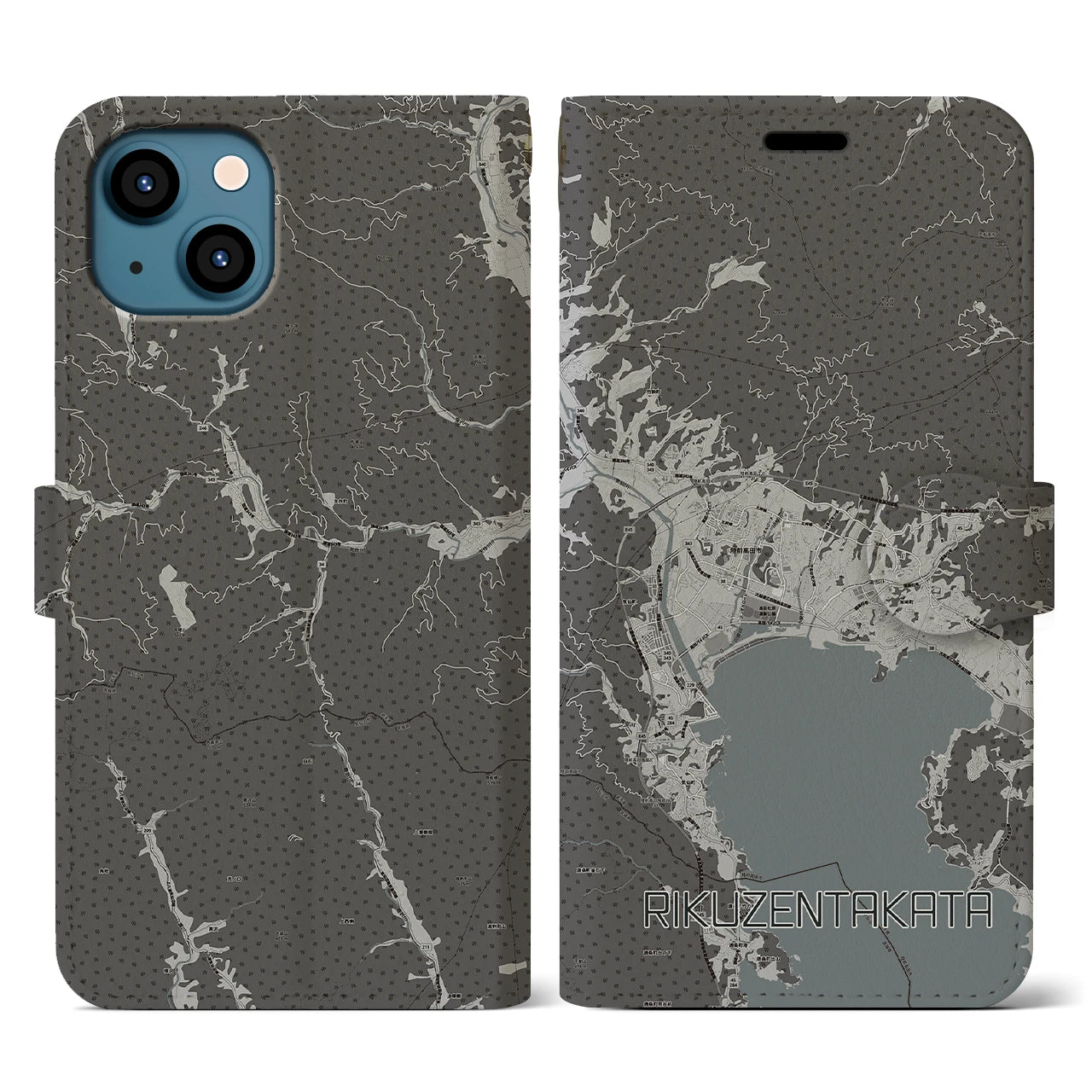【陸前高田(岩手県)】地図柄iPhoneケース(手帳タイプ)モノトーン・iPhone 13 用