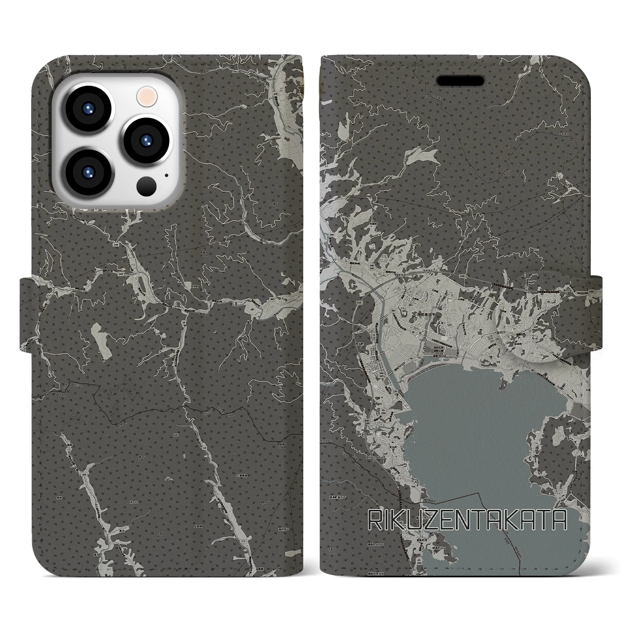 【陸前高田(岩手県)】地図柄iPhoneケース(手帳タイプ)モノトーン・iPhone 13 Pro 用