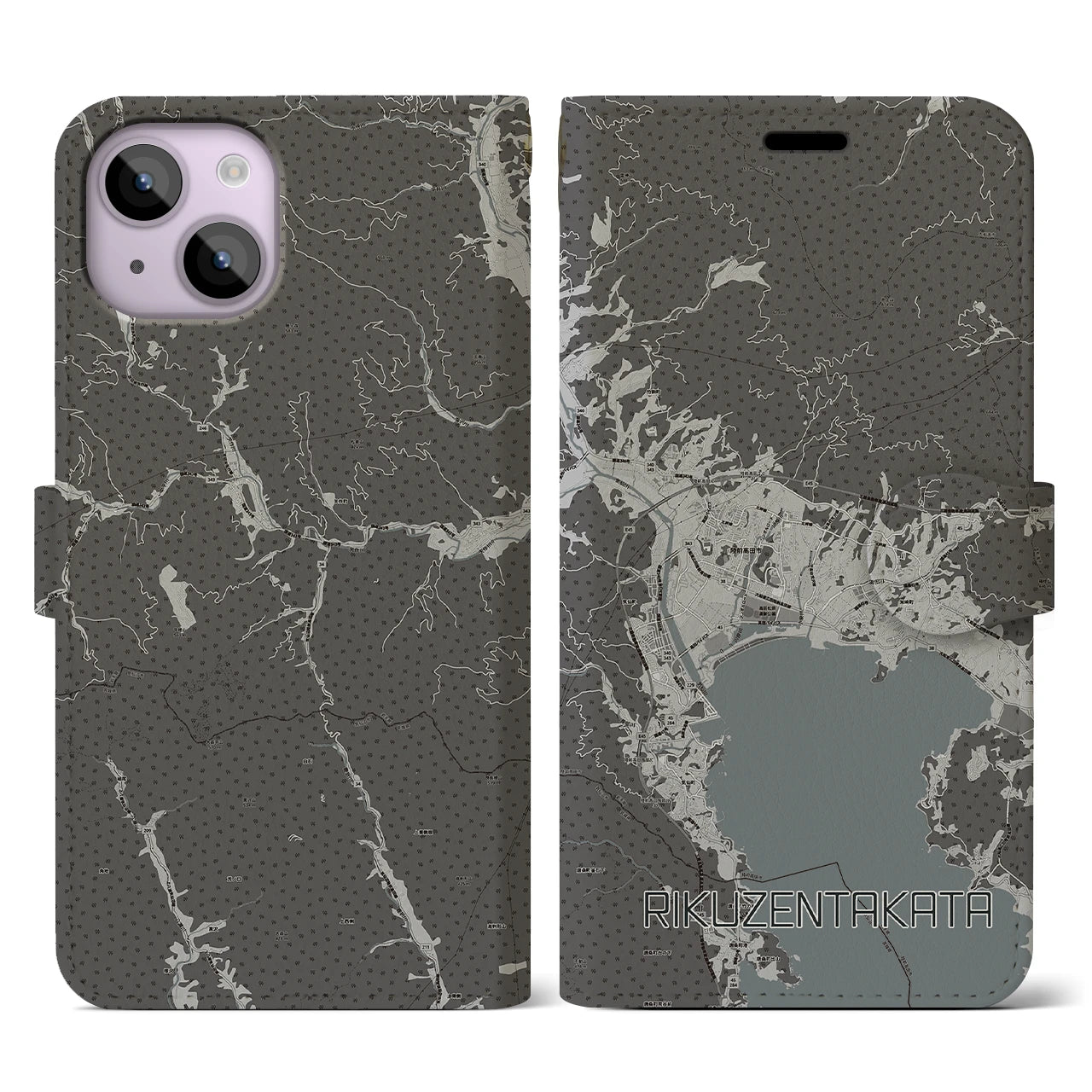【陸前高田(岩手県)】地図柄iPhoneケース(手帳タイプ)モノトーン・iPhone 14 用