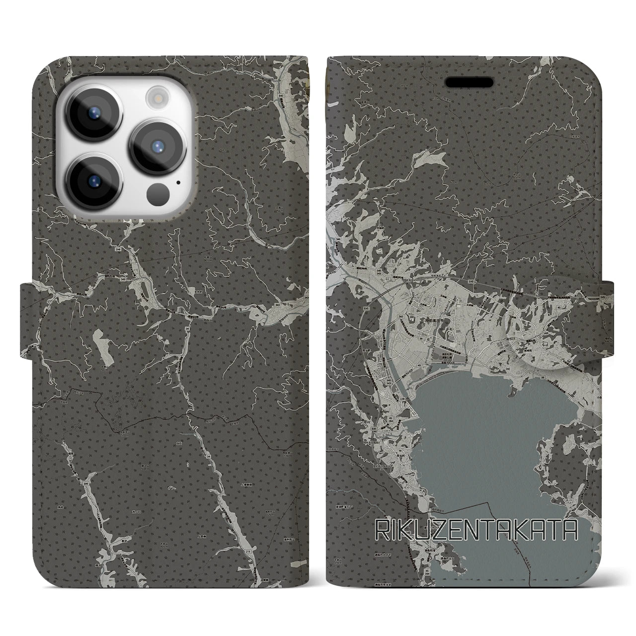 【陸前高田(岩手県)】地図柄iPhoneケース(手帳タイプ)モノトーン・iPhone 14 Pro 用