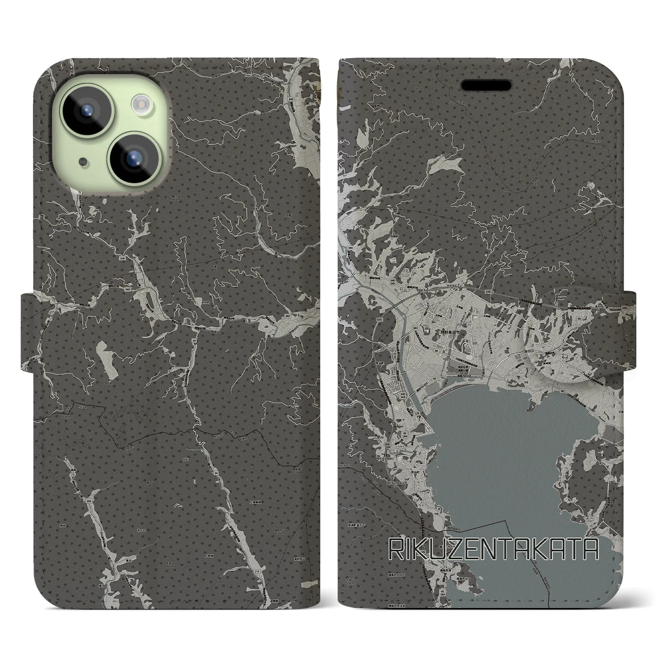 【陸前高田(岩手県)】地図柄iPhoneケース(手帳タイプ)モノトーン・iPhone 15 用