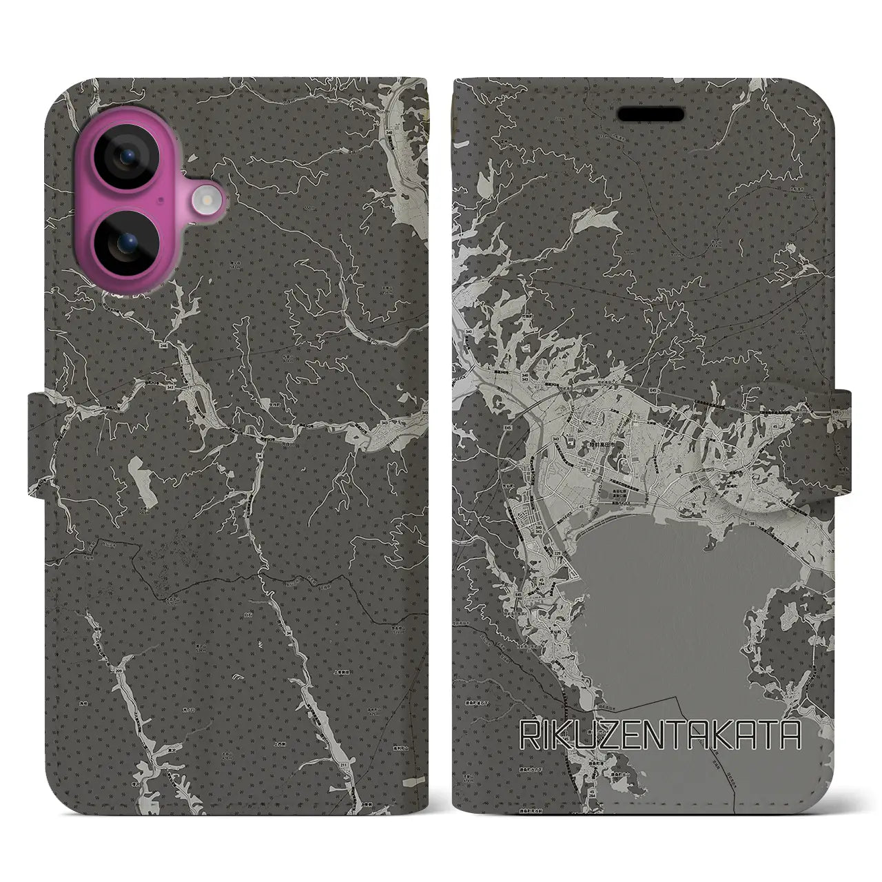 【陸前高田(岩手県)】地図柄iPhoneケース(手帳タイプ)モノトーン・iPhone 16 Pro 用