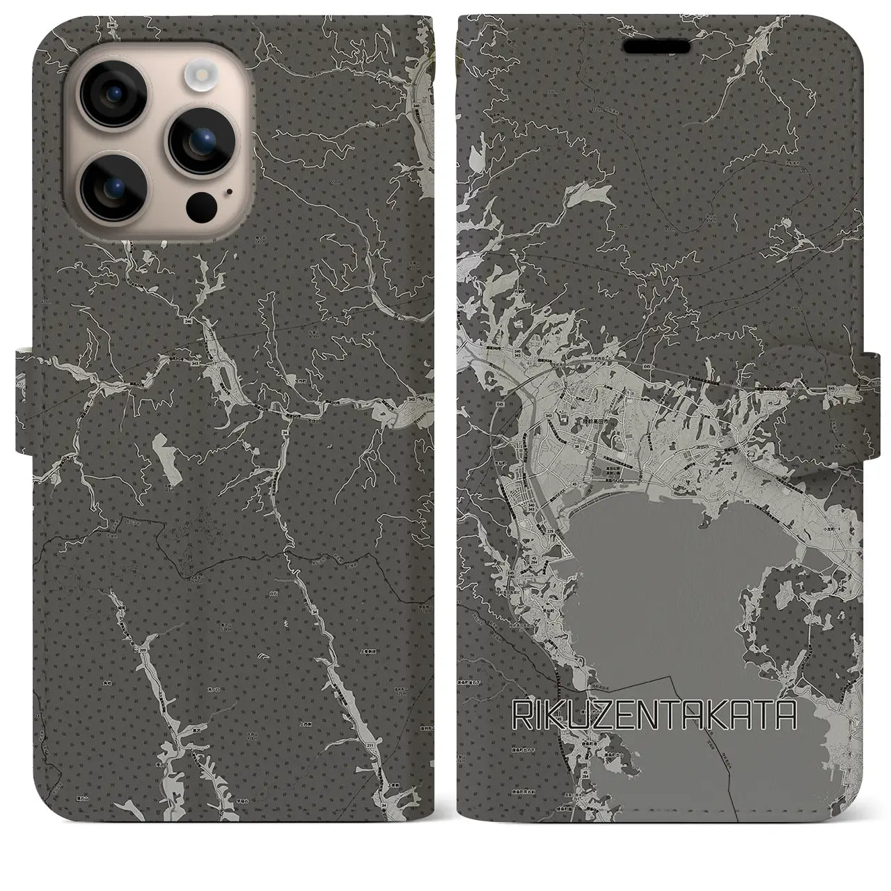 【陸前高田(岩手県)】地図柄iPhoneケース(手帳タイプ)モノトーン・iPhone 16 Plus 用