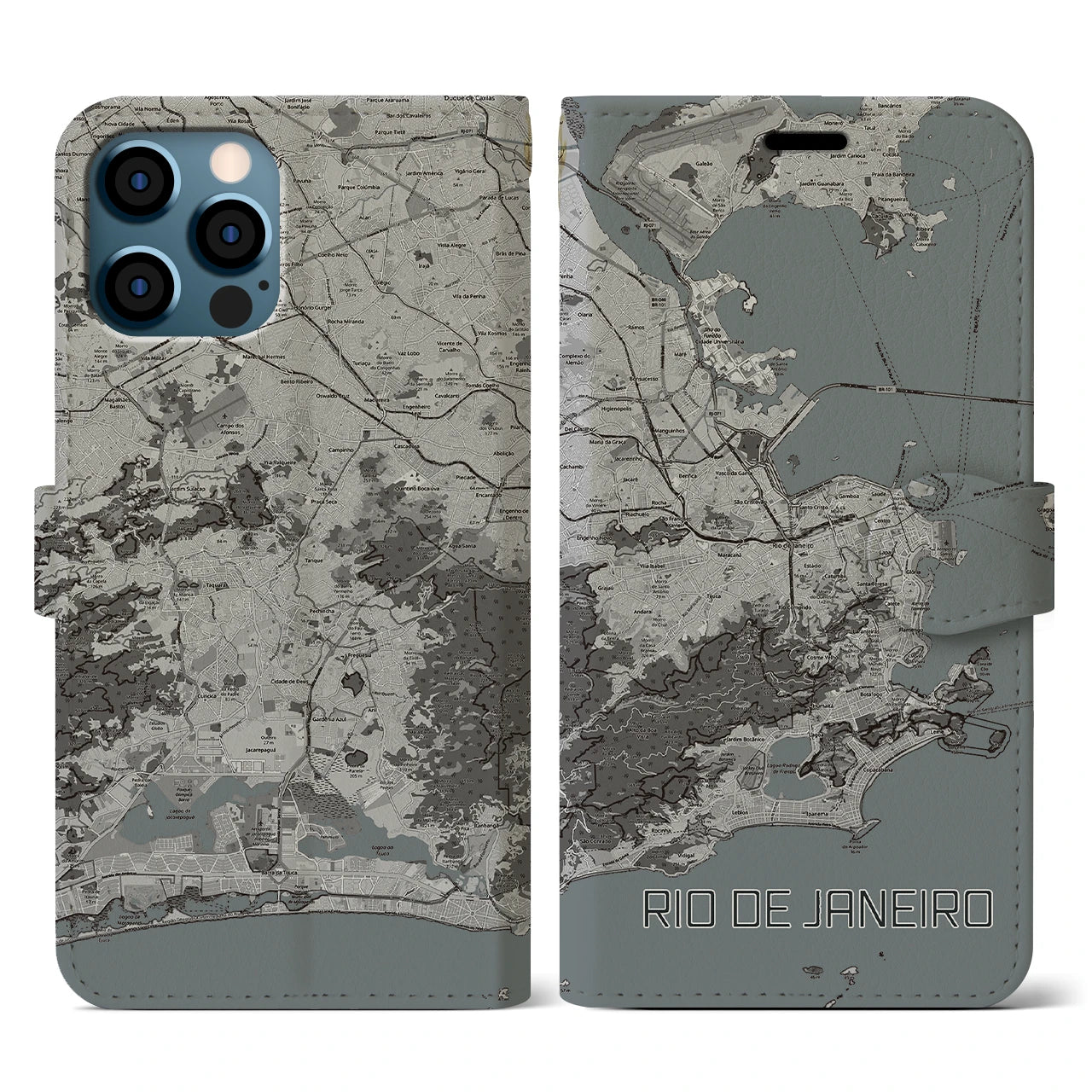【リオデジャネイロ(ブラジル)】地図柄iPhoneケース(手帳タイプ)モノトーン・iPhone 12 / 12 Pro 用