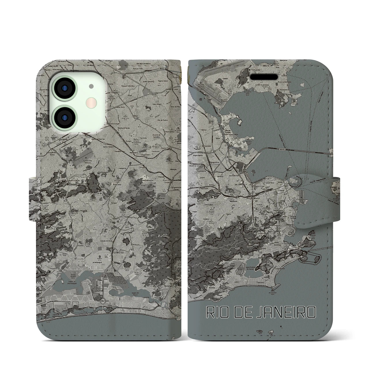 【リオデジャネイロ(ブラジル)】地図柄iPhoneケース(手帳タイプ)モノトーン・iPhone 12 mini 用