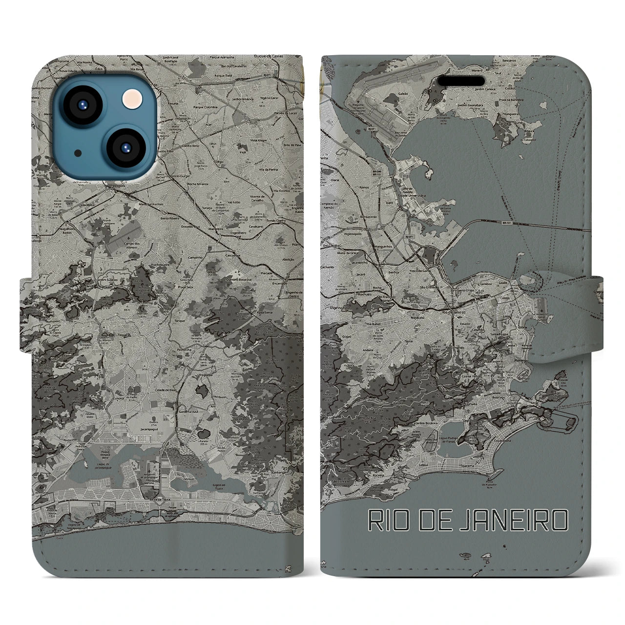 【リオデジャネイロ(ブラジル)】地図柄iPhoneケース(手帳タイプ)モノトーン・iPhone 13 用