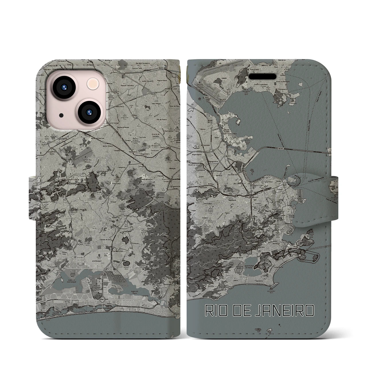 【リオデジャネイロ(ブラジル)】地図柄iPhoneケース(手帳タイプ)モノトーン・iPhone 13 mini 用