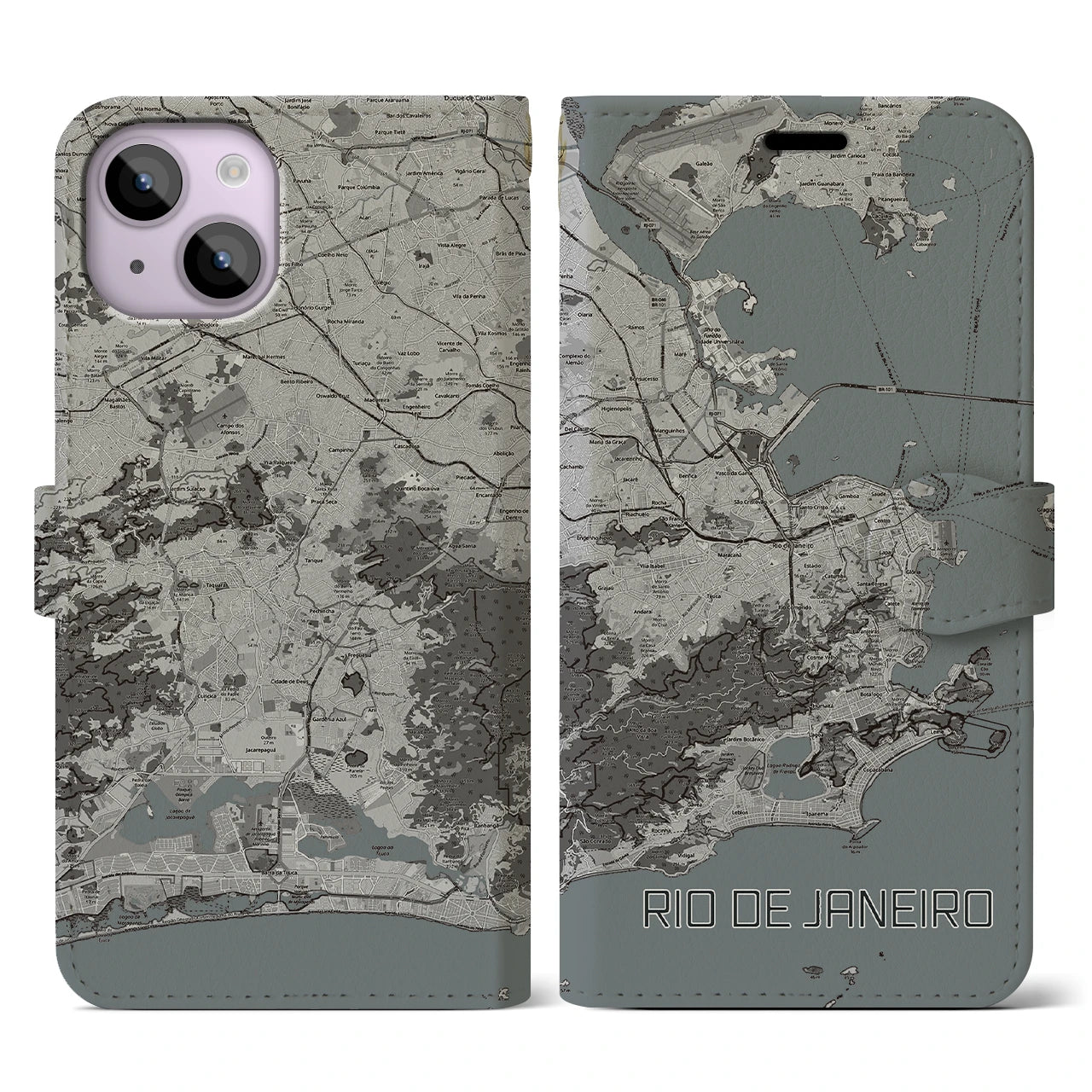 【リオデジャネイロ(ブラジル)】地図柄iPhoneケース(手帳タイプ)モノトーン・iPhone 14 用