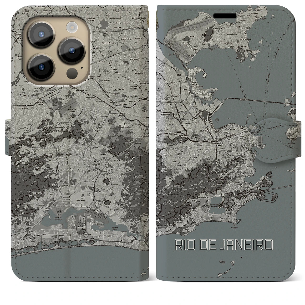 【リオデジャネイロ(ブラジル)】地図柄iPhoneケース(手帳タイプ)モノトーン・iPhone 14 Pro Max 用