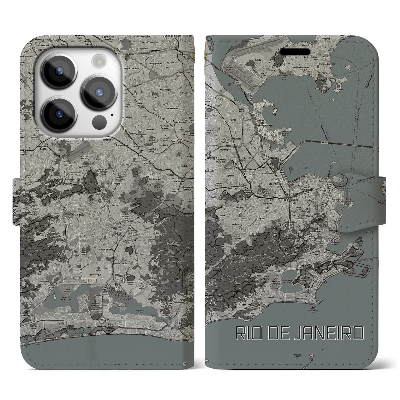 【リオデジャネイロ(ブラジル)】地図柄iPhoneケース(手帳タイプ)モノトーン・iPhone 14 Pro 用