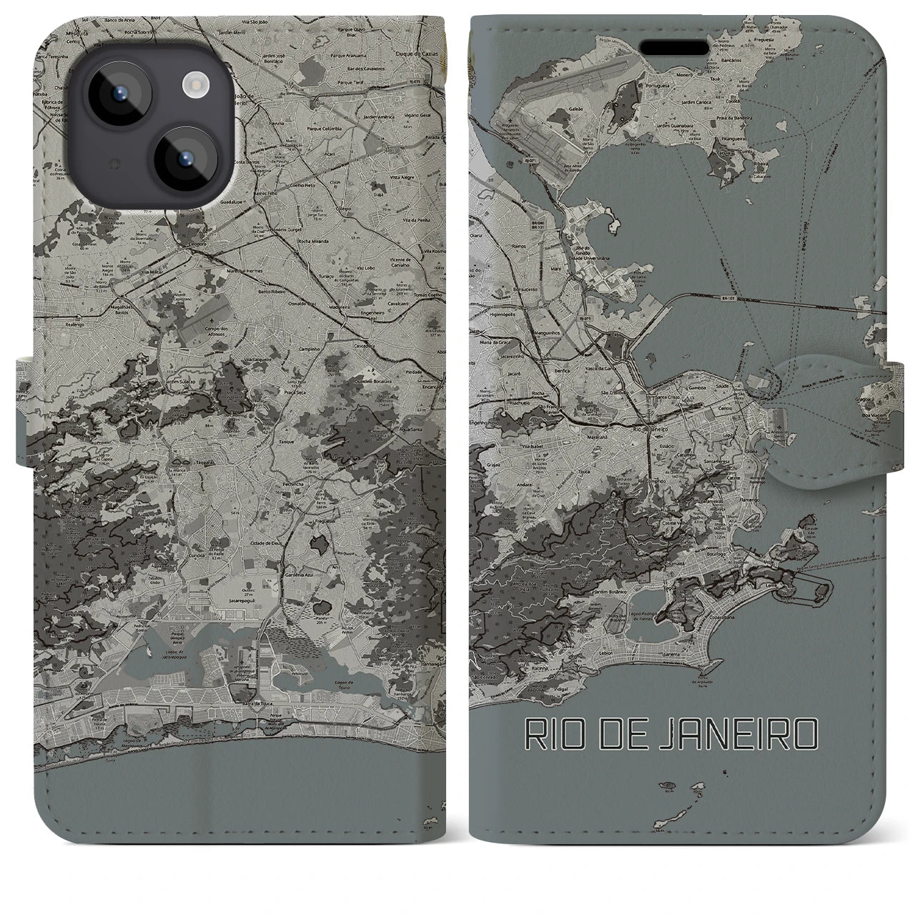 【リオデジャネイロ(ブラジル)】地図柄iPhoneケース(手帳タイプ)モノトーン・iPhone 14 Plus 用