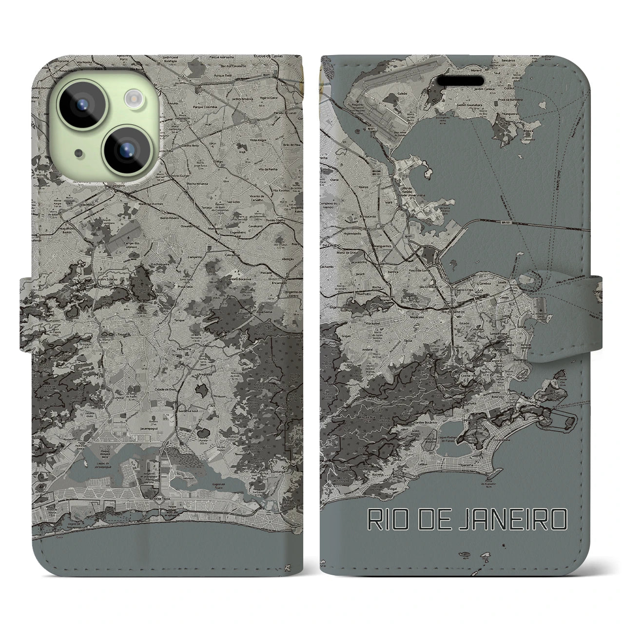 【リオデジャネイロ(ブラジル)】地図柄iPhoneケース(手帳タイプ)モノトーン・iPhone 15 用