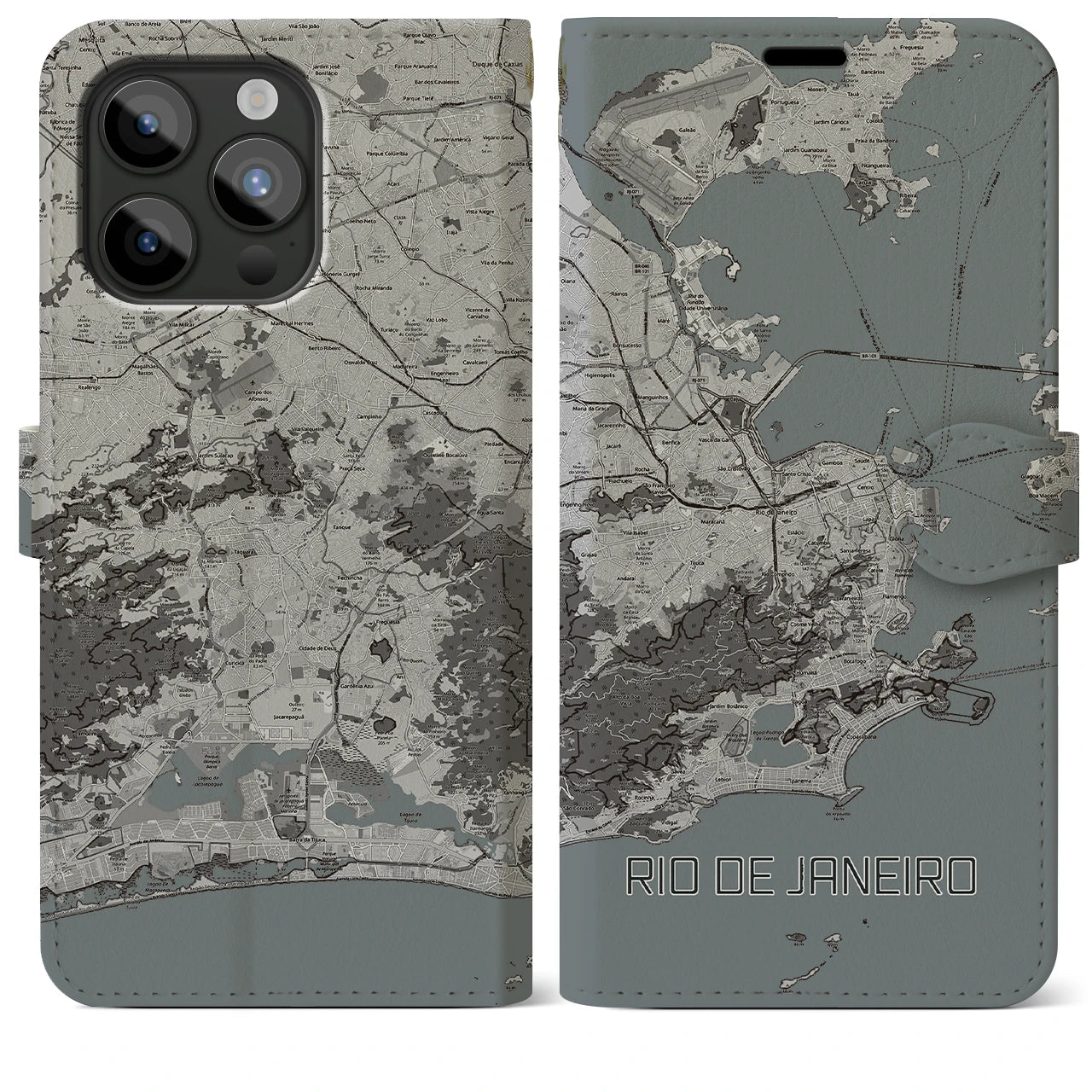 【リオデジャネイロ(ブラジル)】地図柄iPhoneケース(手帳タイプ)モノトーン・iPhone 15 Pro Max 用