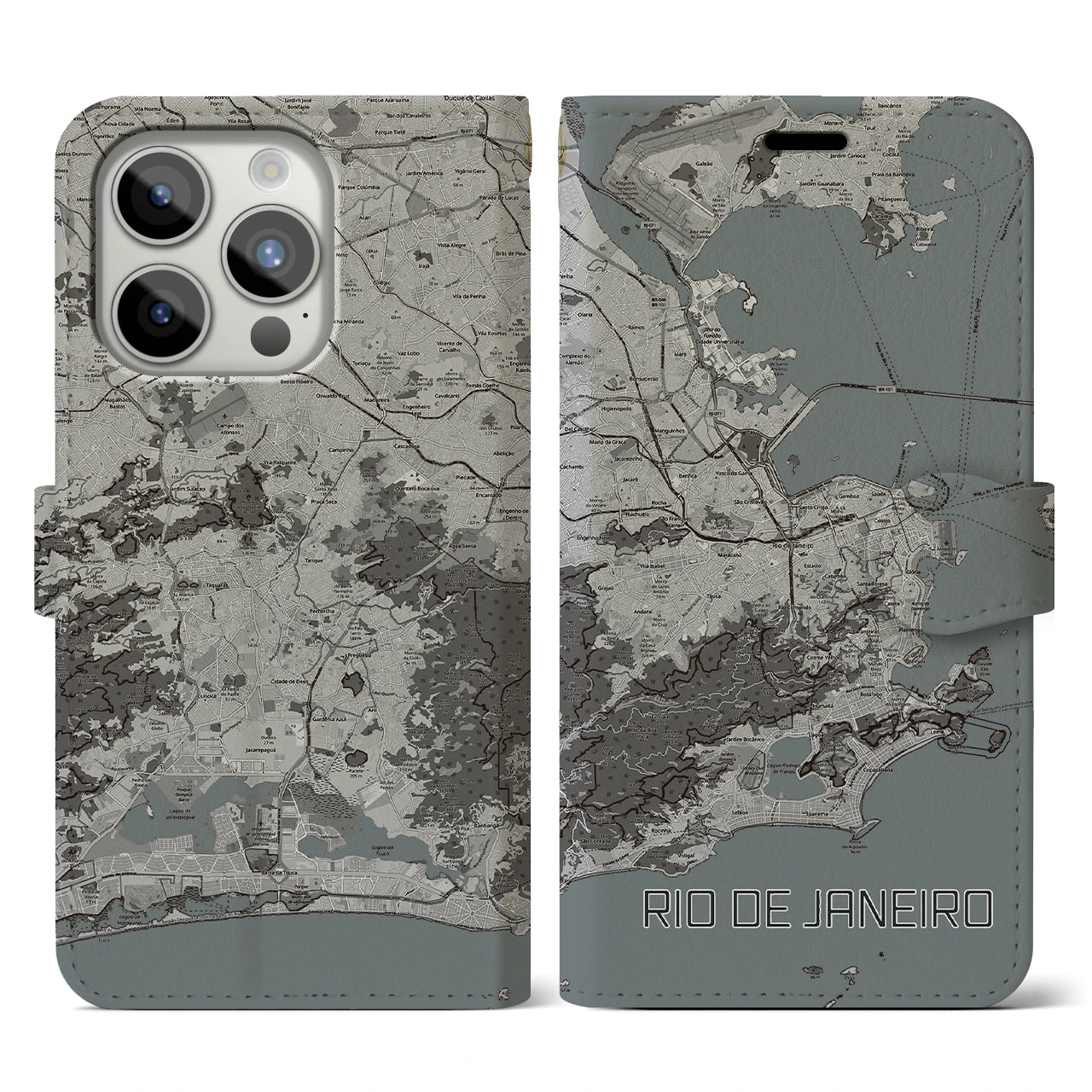 【リオデジャネイロ(ブラジル)】地図柄iPhoneケース(手帳タイプ)モノトーン・iPhone 15 Pro 用