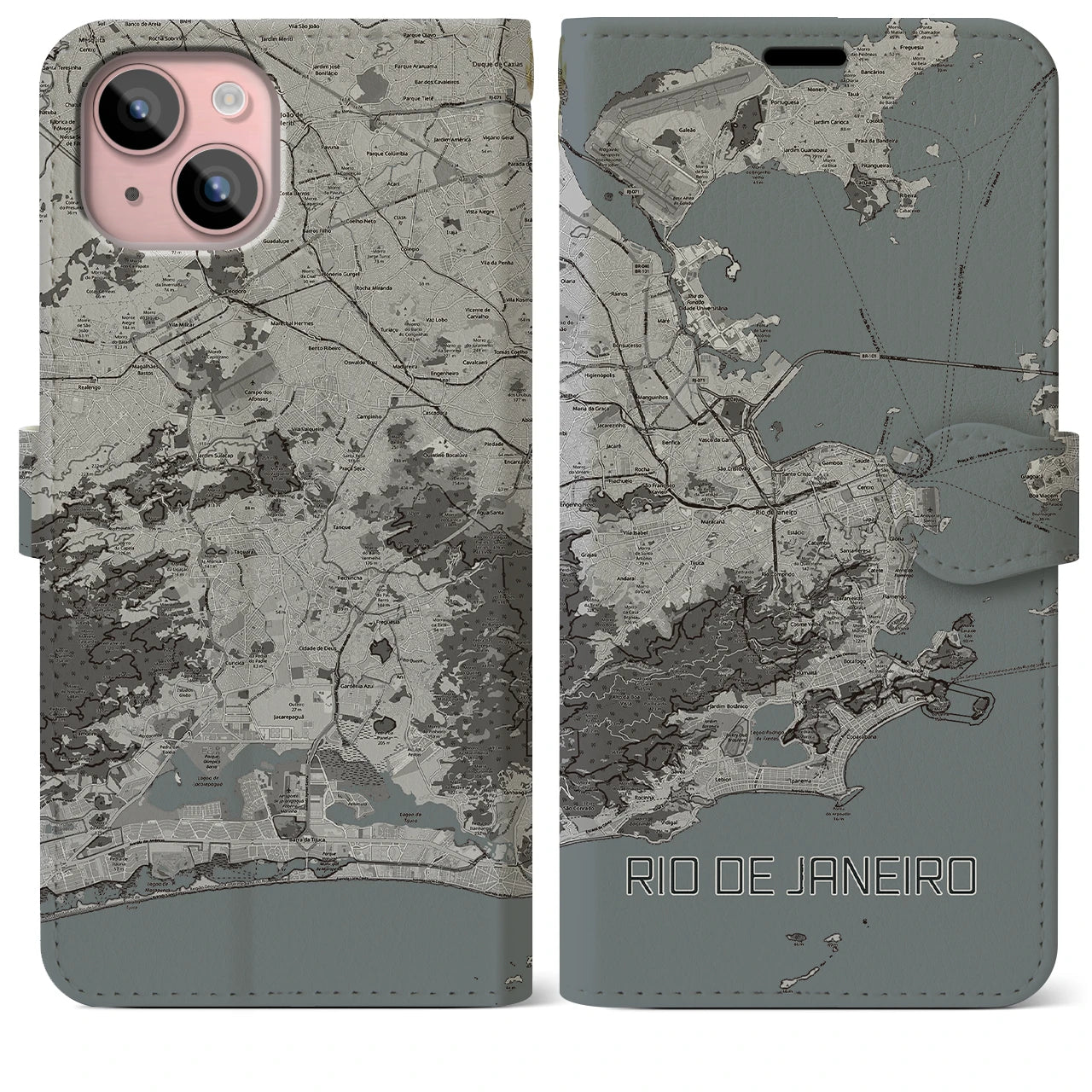 【リオデジャネイロ(ブラジル)】地図柄iPhoneケース(手帳タイプ)モノトーン・iPhone 15 Plus 用