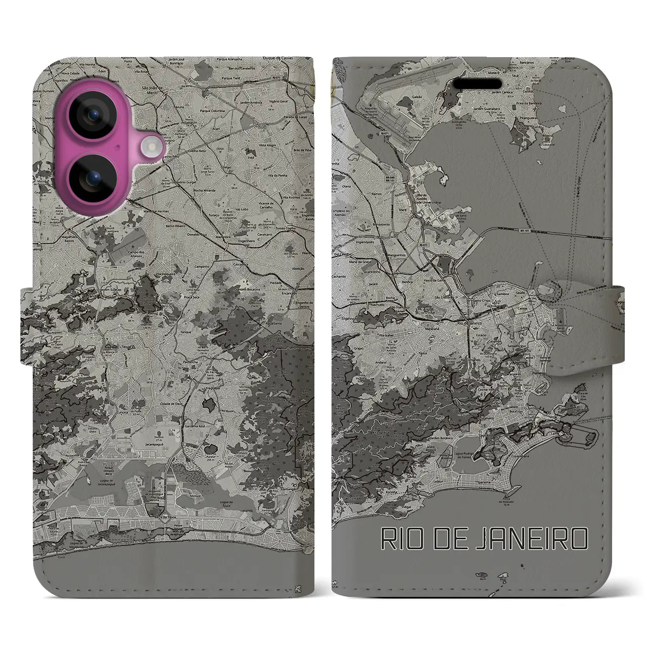 【リオデジャネイロ(ブラジル)】地図柄iPhoneケース(手帳タイプ)モノトーン・iPhone 16 Pro 用
