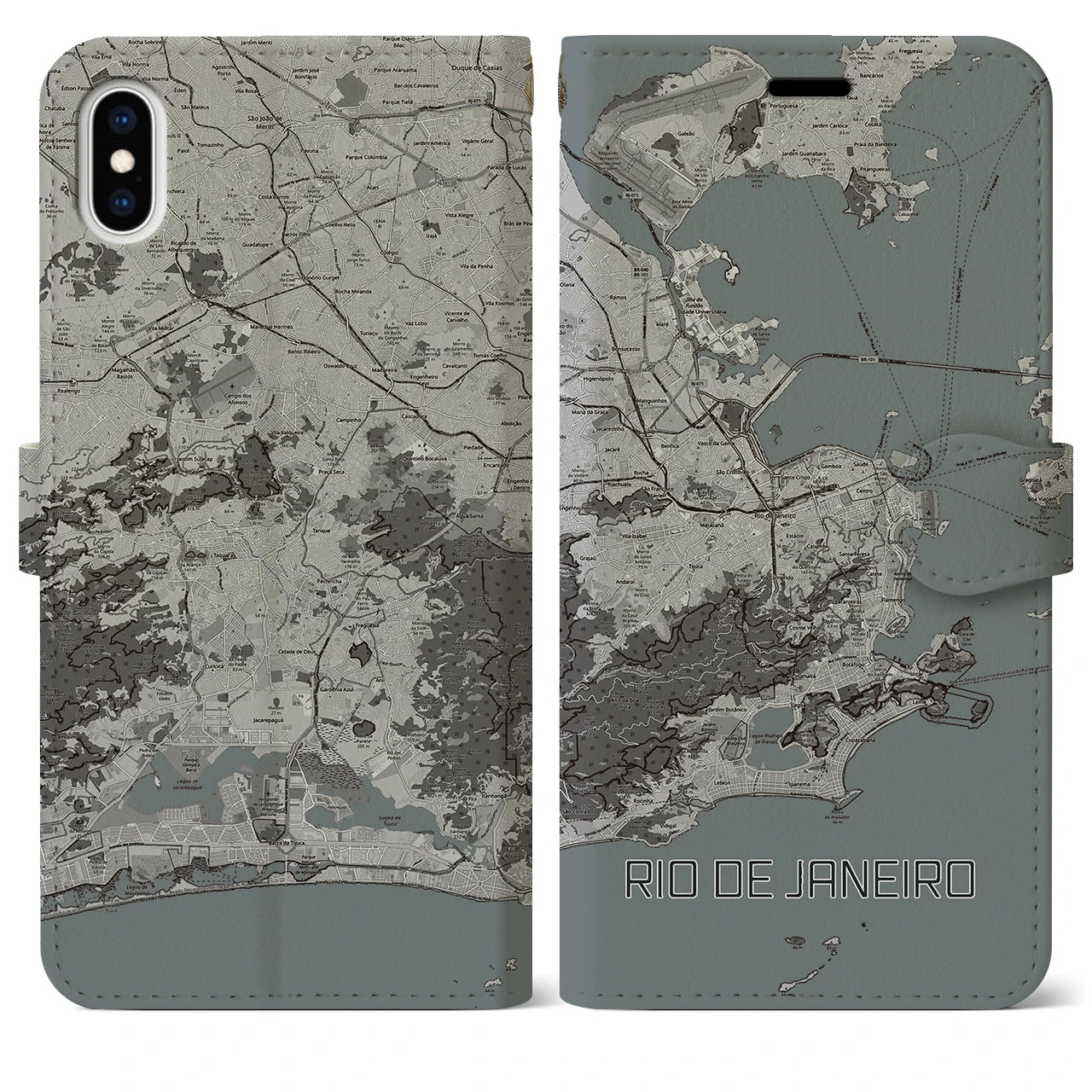 【リオデジャネイロ(ブラジル)】地図柄iPhoneケース(手帳タイプ)モノトーン・iPhone XS Max 用