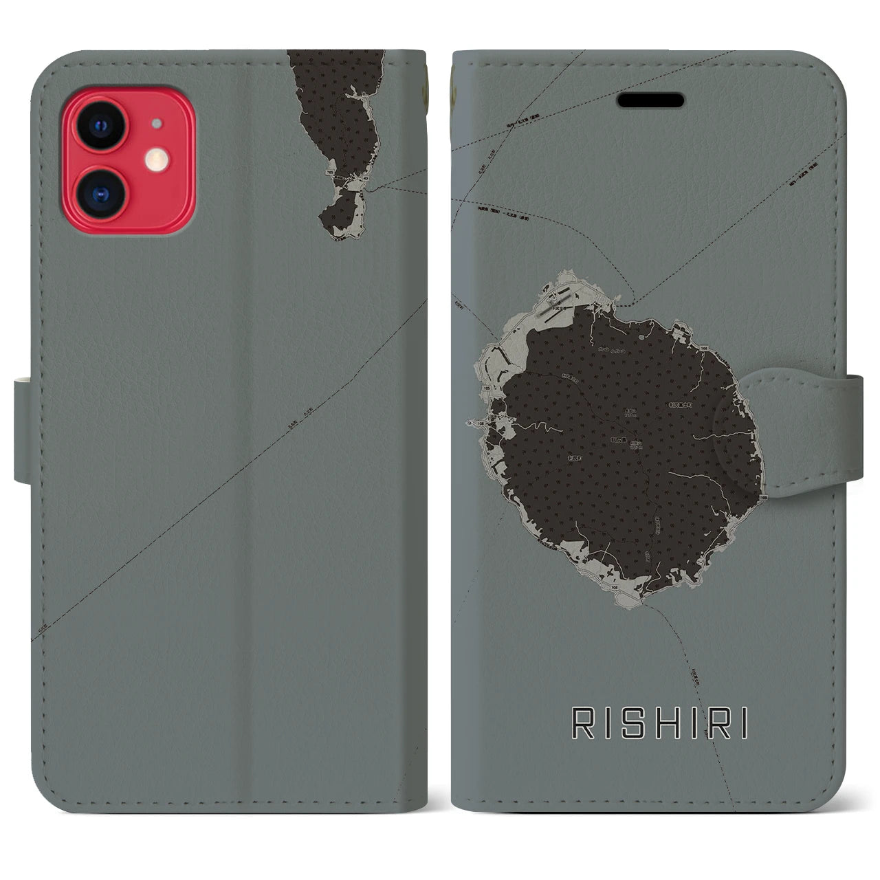 【利尻(北海道)】地図柄iPhoneケース(手帳タイプ)モノトーン・iPhone 11 用