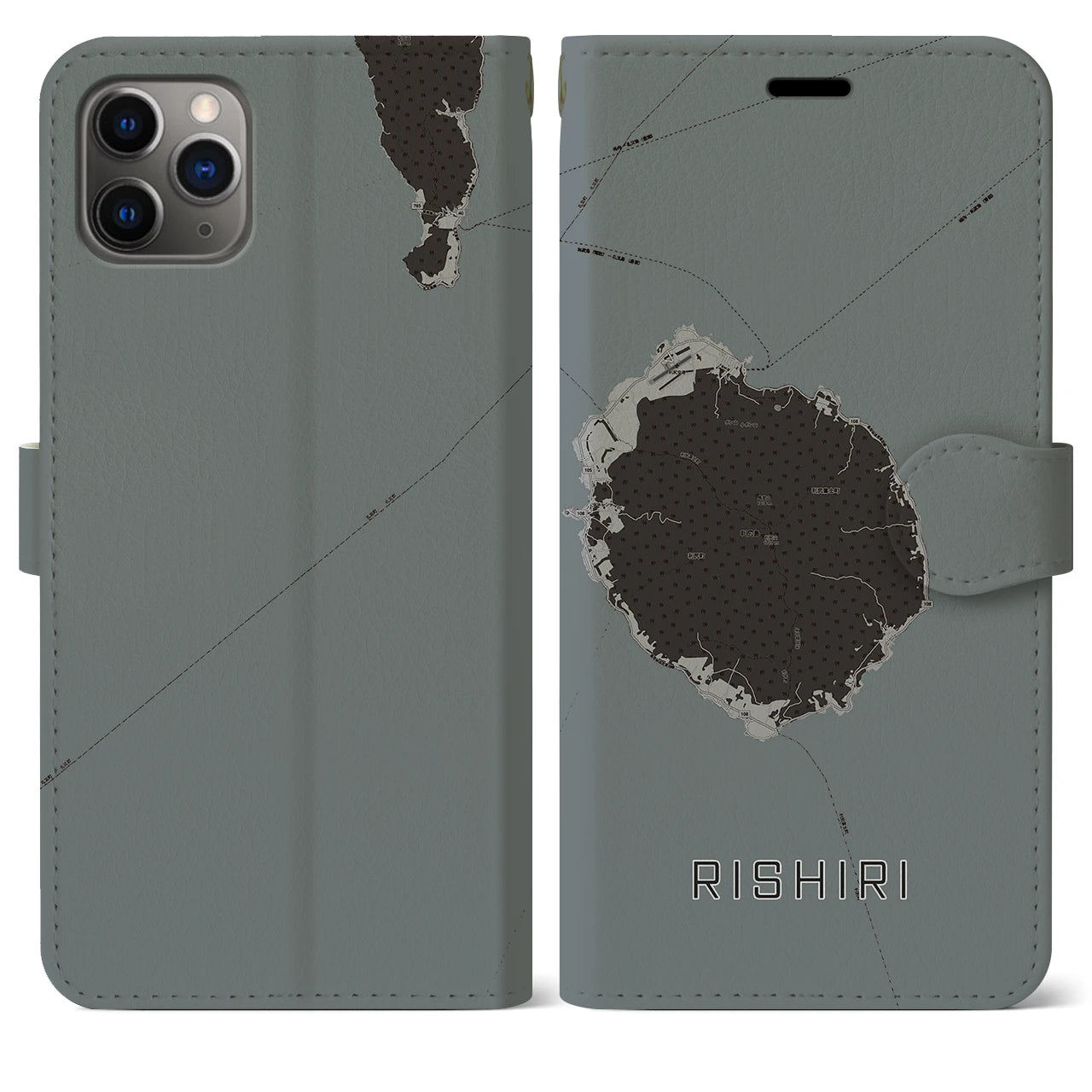 【利尻(北海道)】地図柄iPhoneケース(手帳タイプ)モノトーン・iPhone 11 Pro Max 用