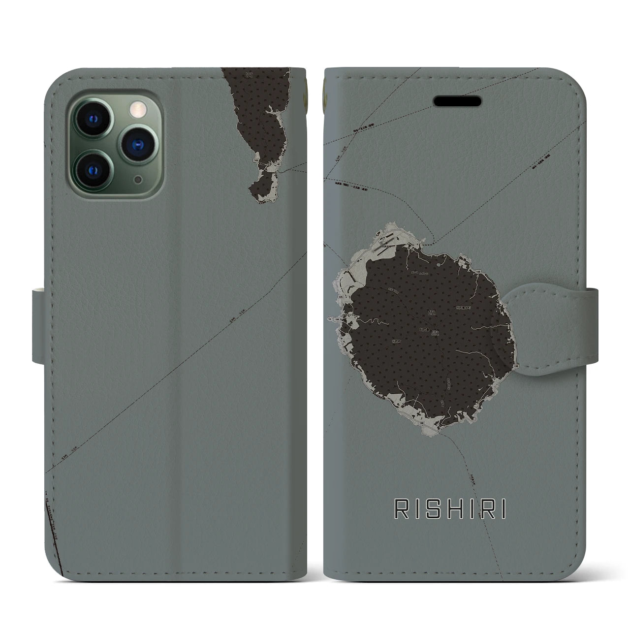 【利尻(北海道)】地図柄iPhoneケース(手帳タイプ)モノトーン・iPhone 11 Pro 用