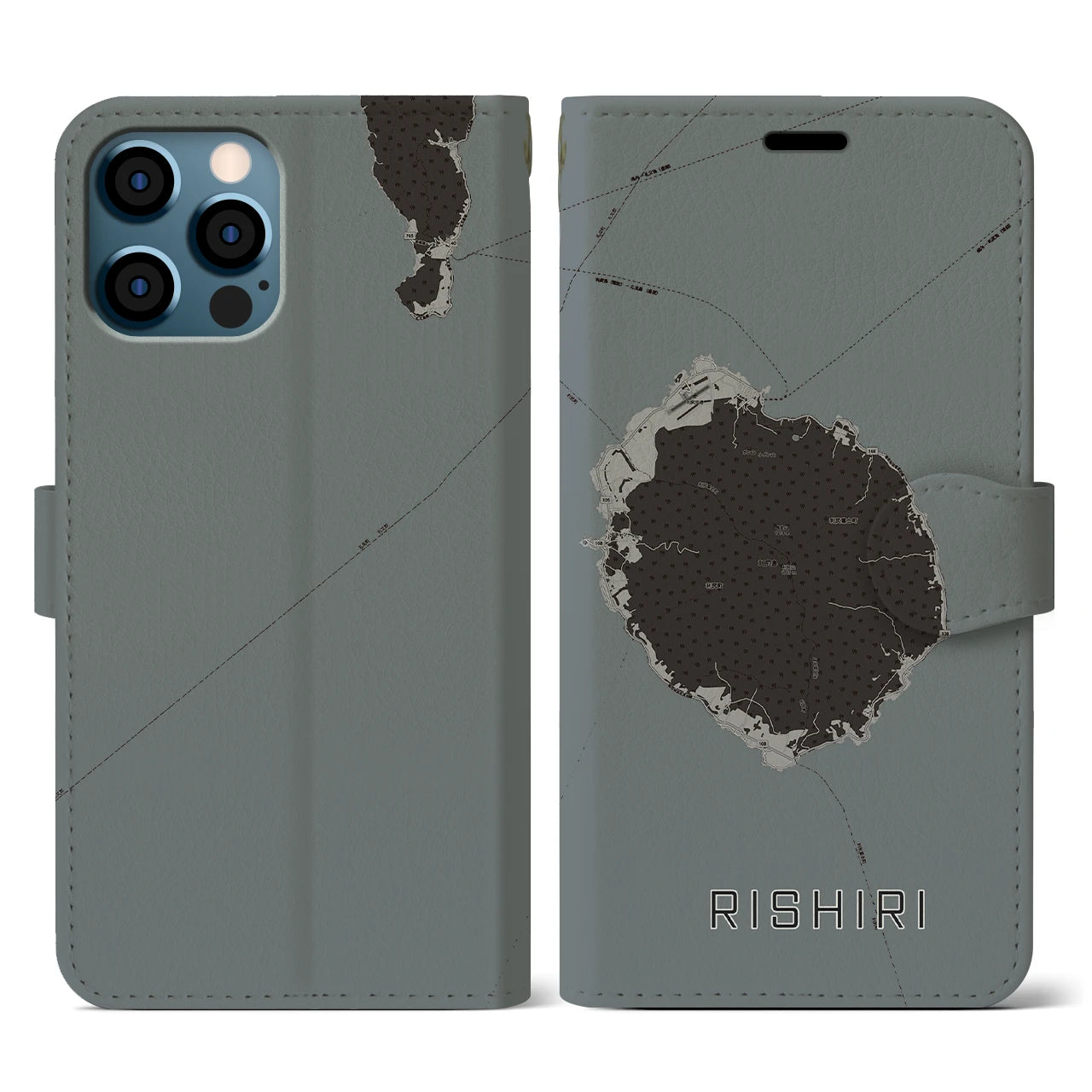 【利尻(北海道)】地図柄iPhoneケース(手帳タイプ)モノトーン・iPhone 12 / 12 Pro 用