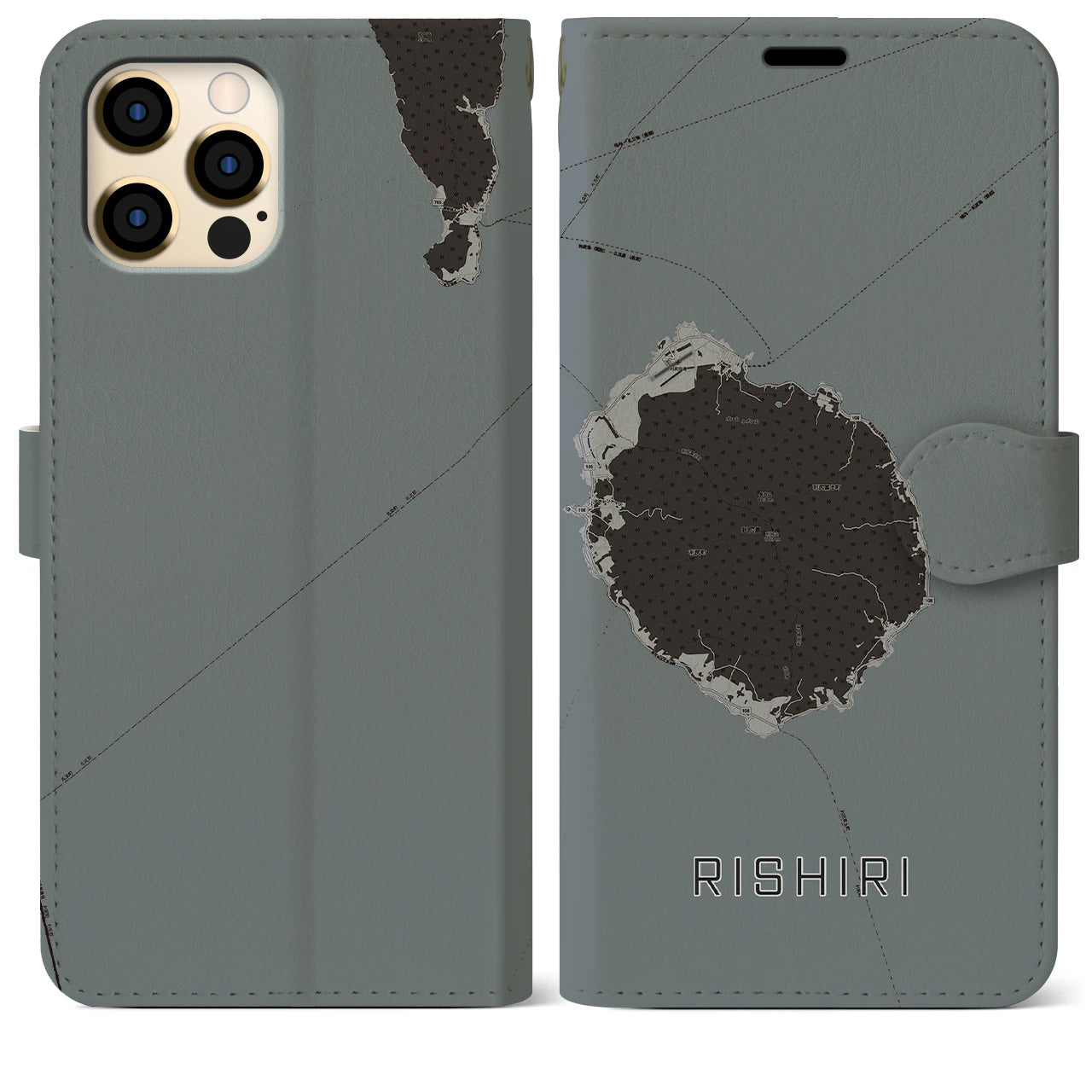 【利尻(北海道)】地図柄iPhoneケース(手帳タイプ)モノトーン・iPhone 12 Pro Max 用