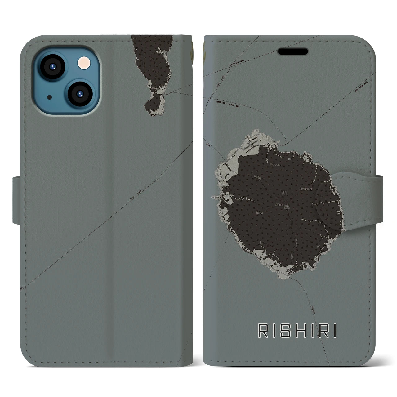 【利尻(北海道)】地図柄iPhoneケース(手帳タイプ)モノトーン・iPhone 13 用