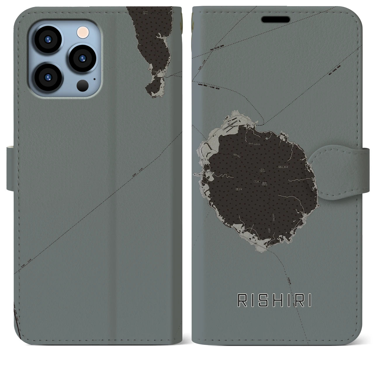 【利尻(北海道)】地図柄iPhoneケース(手帳タイプ)モノトーン・iPhone 13 Pro Max 用