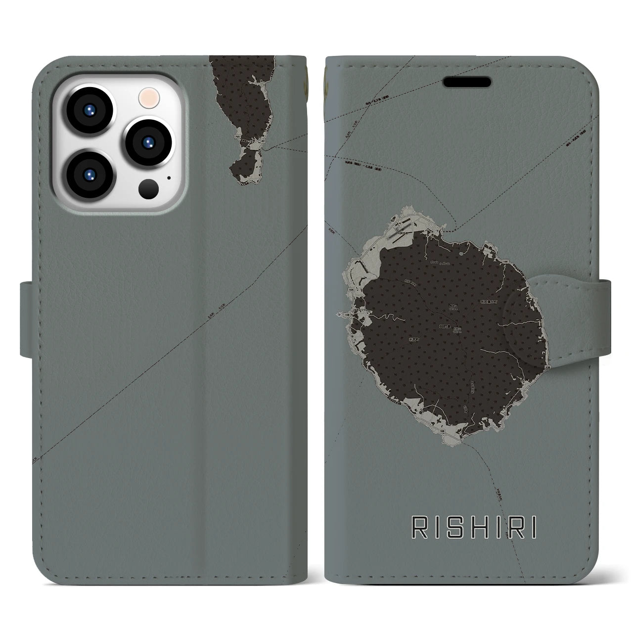 【利尻(北海道)】地図柄iPhoneケース(手帳タイプ)モノトーン・iPhone 13 Pro 用