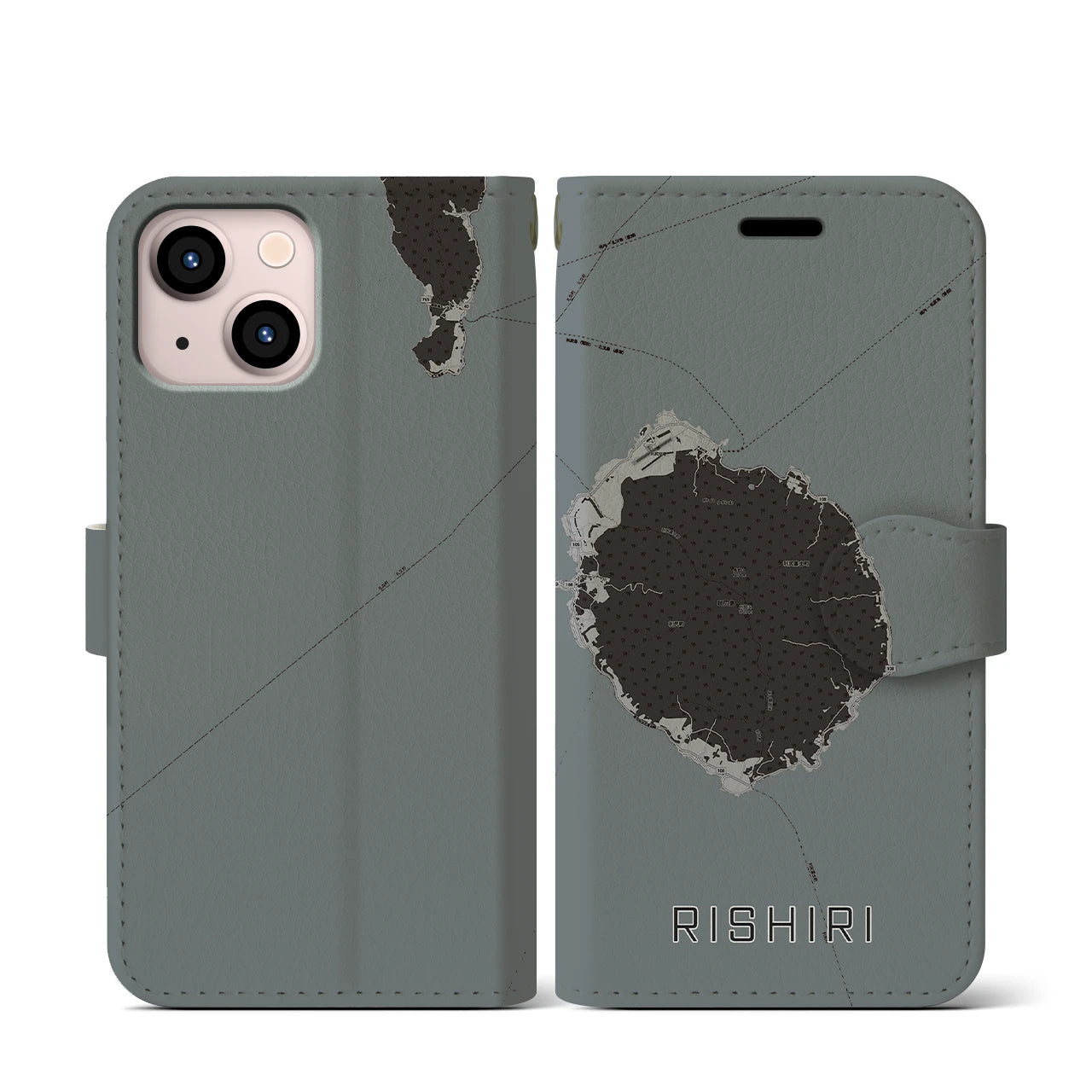 【利尻(北海道)】地図柄iPhoneケース(手帳タイプ)モノトーン・iPhone 13 mini 用