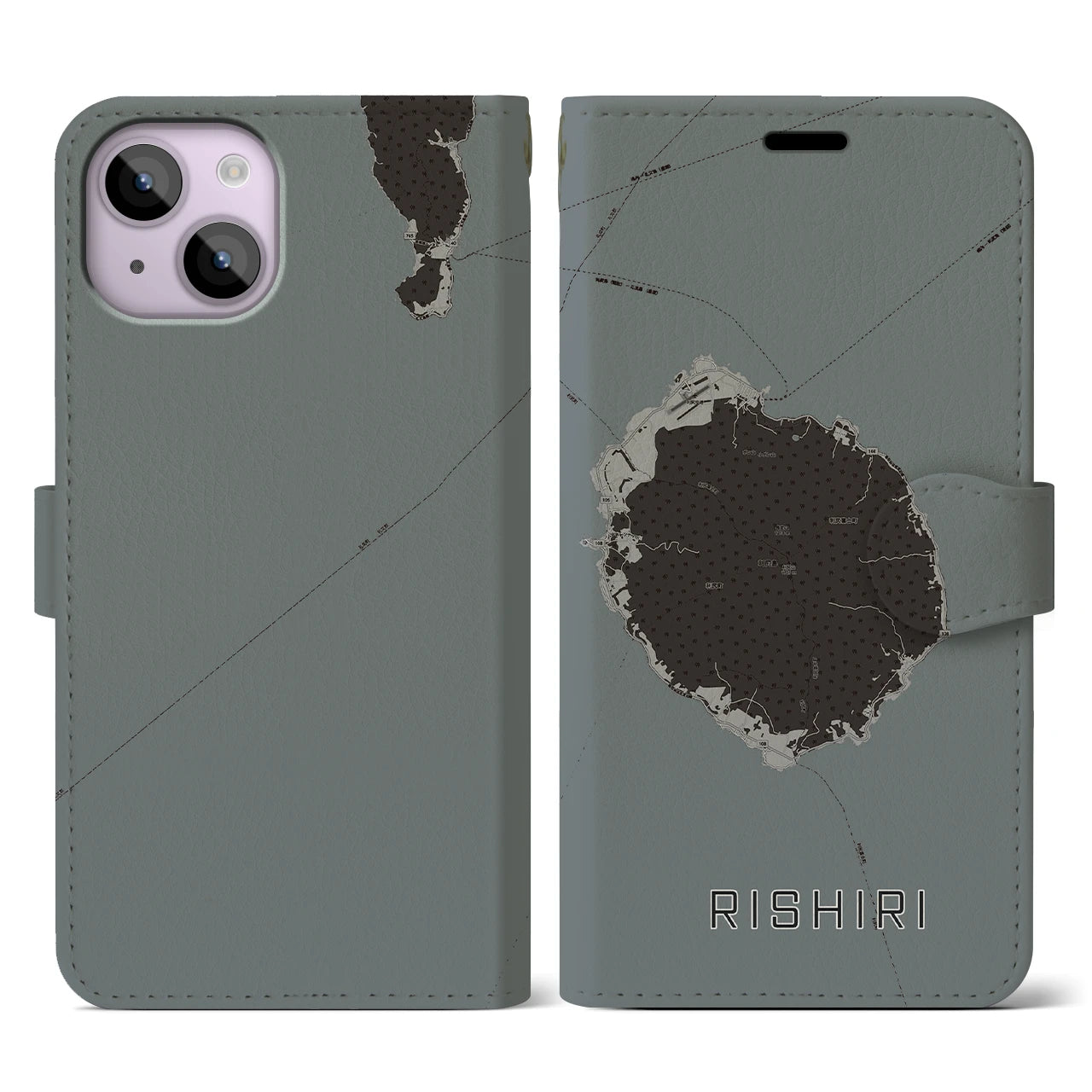 【利尻(北海道)】地図柄iPhoneケース(手帳タイプ)モノトーン・iPhone 14 用