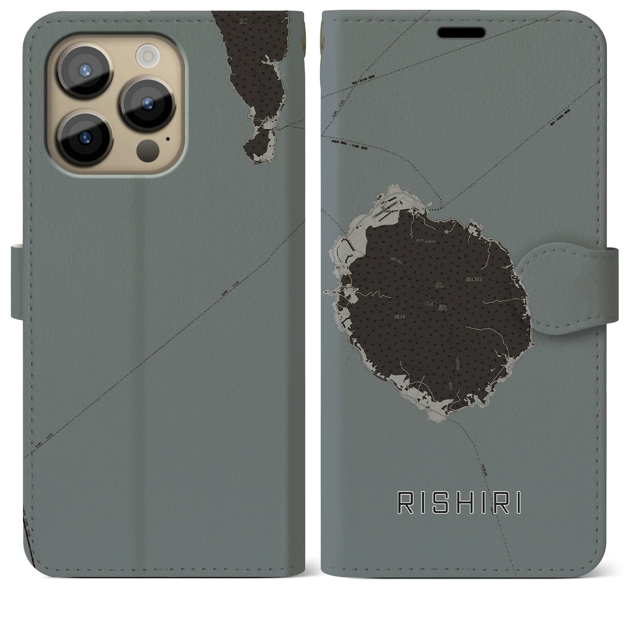 【利尻(北海道)】地図柄iPhoneケース(手帳タイプ)モノトーン・iPhone 14 Pro Max 用