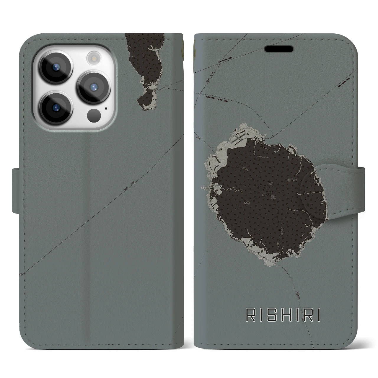 【利尻(北海道)】地図柄iPhoneケース(手帳タイプ)モノトーン・iPhone 14 Pro 用