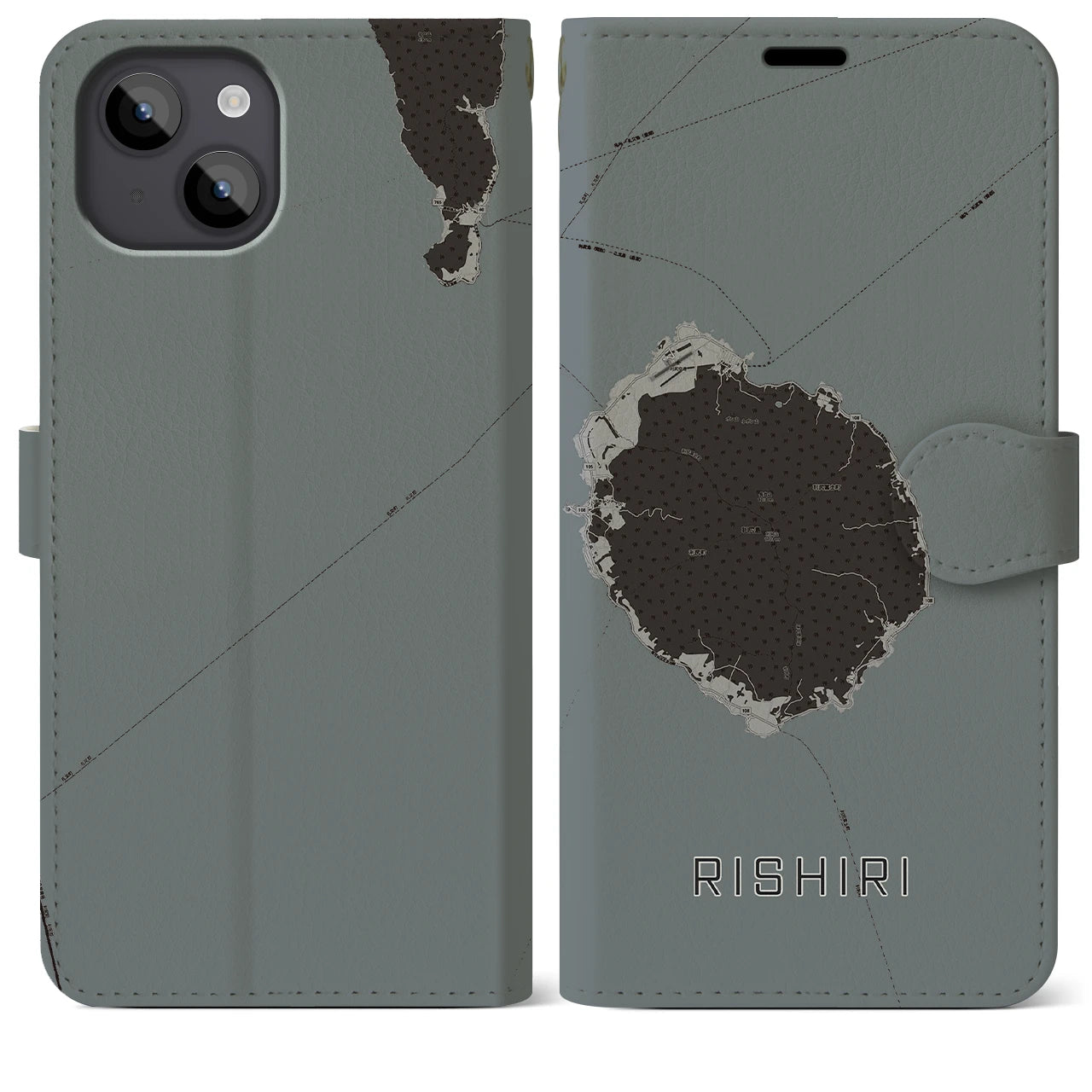 【利尻(北海道)】地図柄iPhoneケース(手帳タイプ)モノトーン・iPhone 14 Plus 用