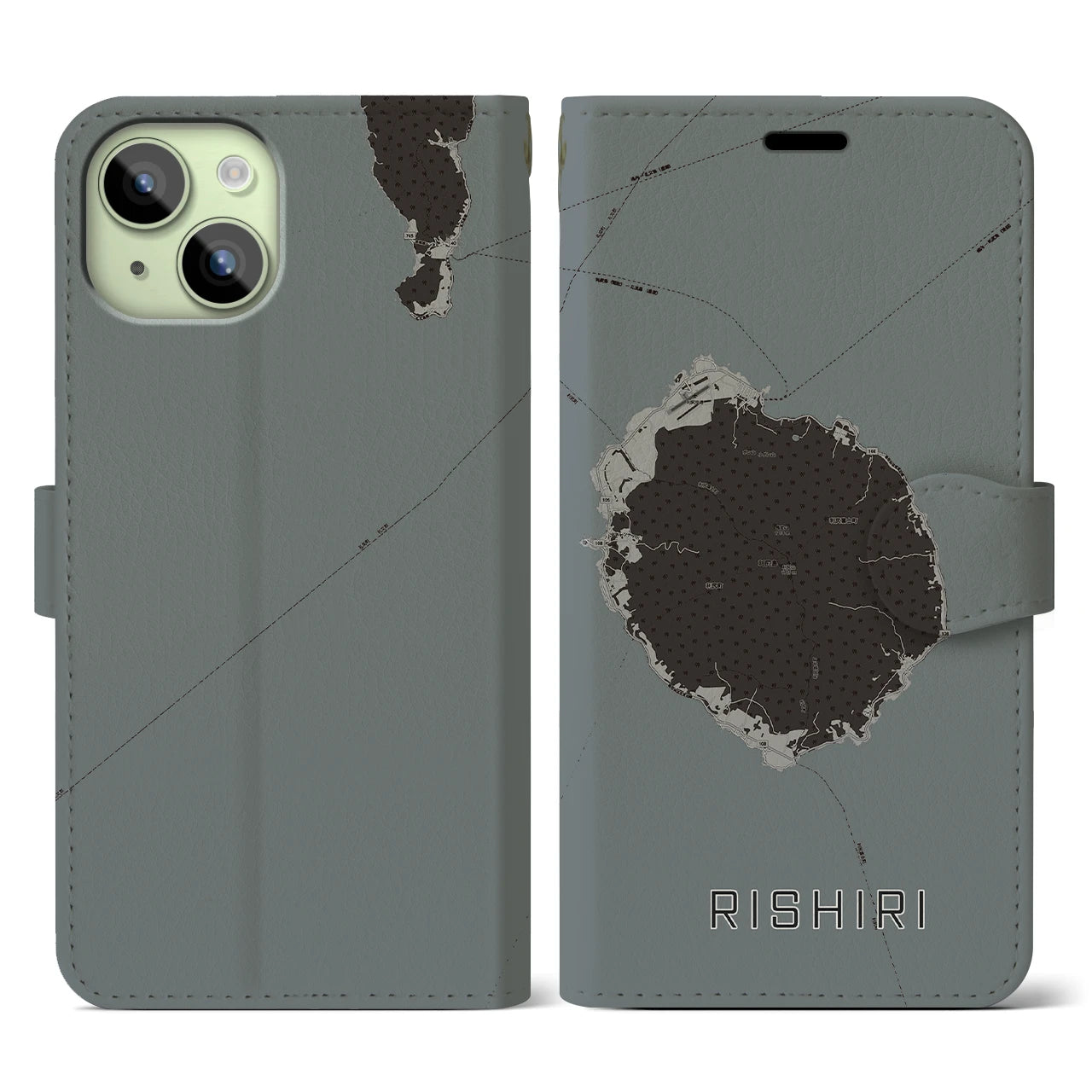 【利尻(北海道)】地図柄iPhoneケース(手帳タイプ)モノトーン・iPhone 15 用