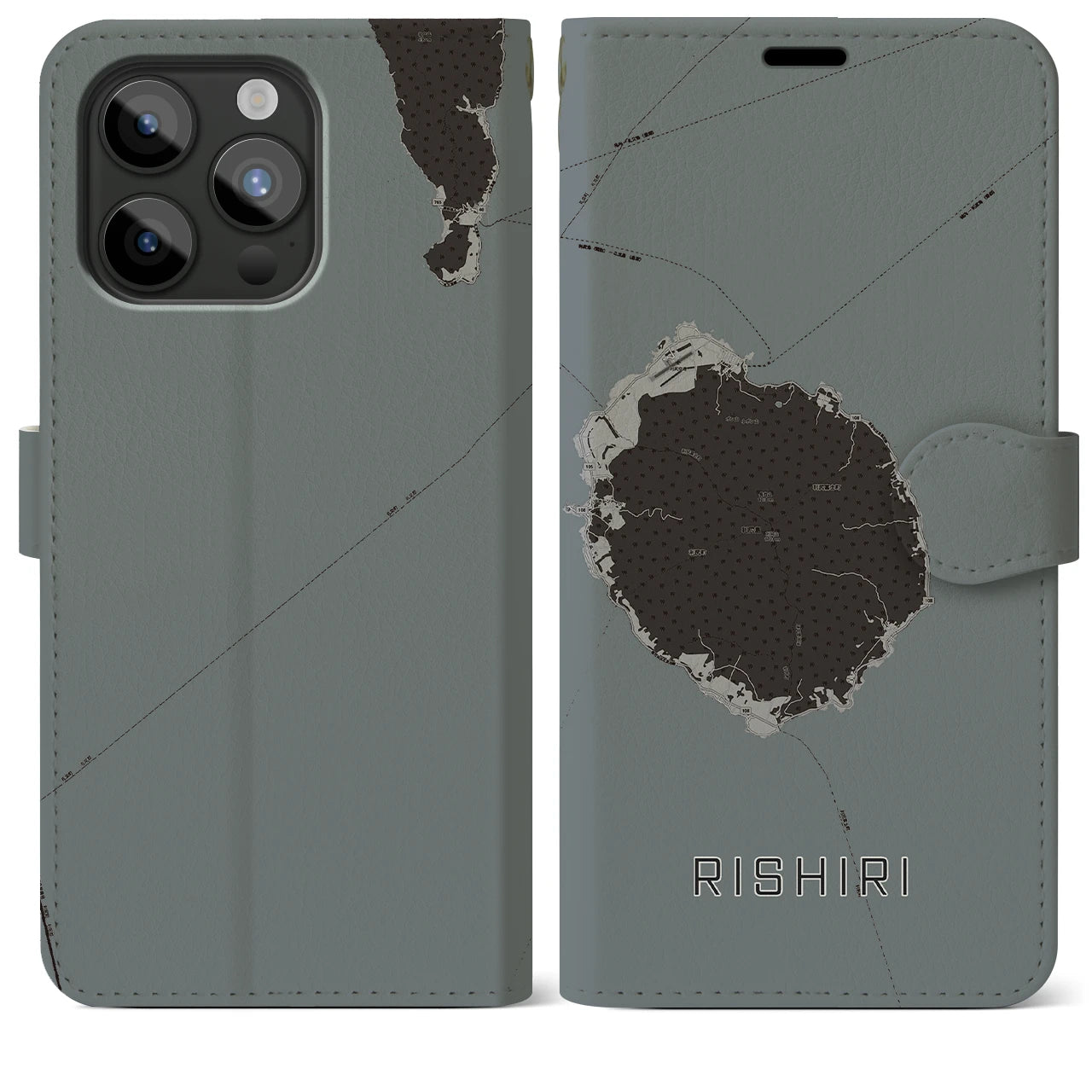 【利尻(北海道)】地図柄iPhoneケース(手帳タイプ)モノトーン・iPhone 15 Pro Max 用