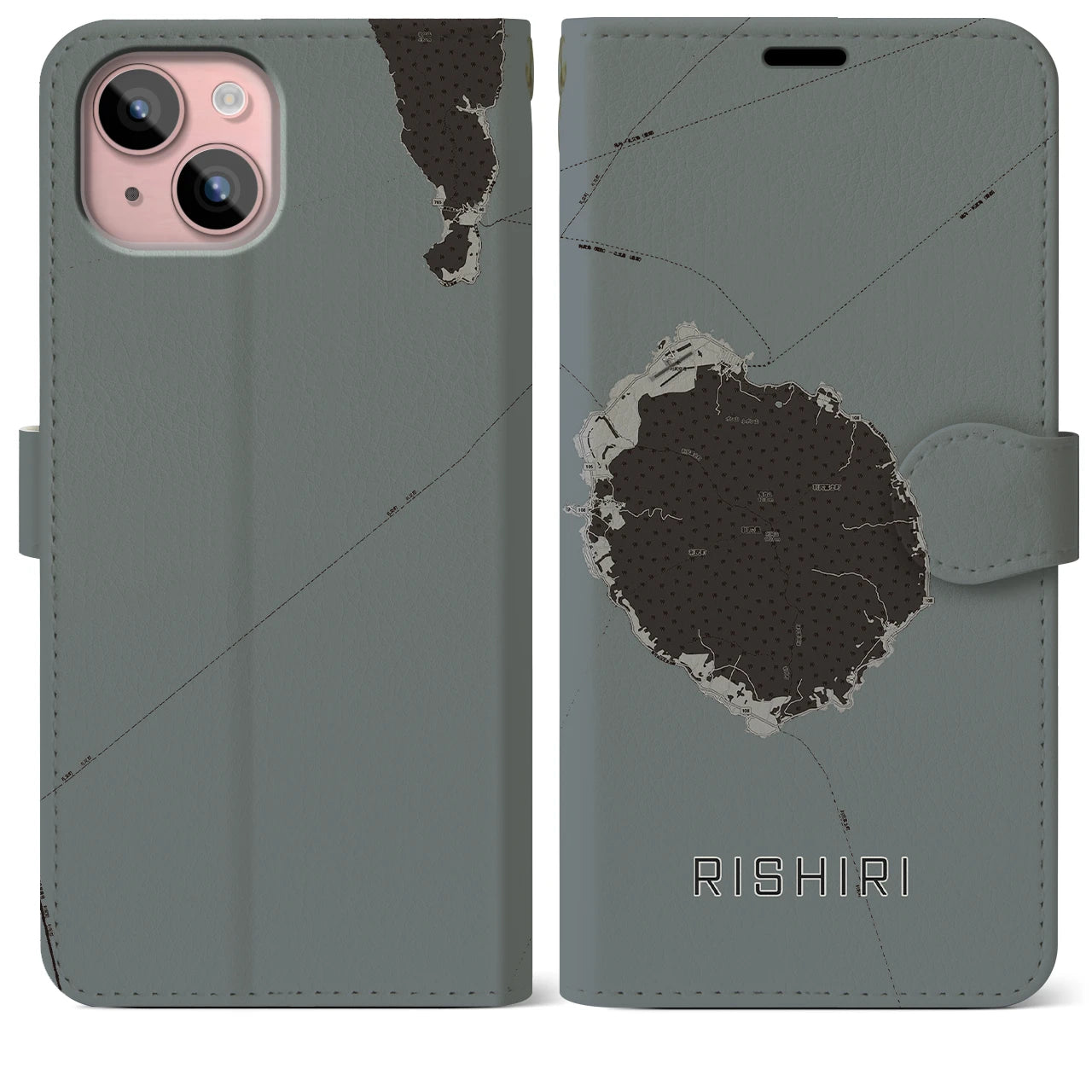 【利尻(北海道)】地図柄iPhoneケース(手帳タイプ)モノトーン・iPhone 15 Plus 用