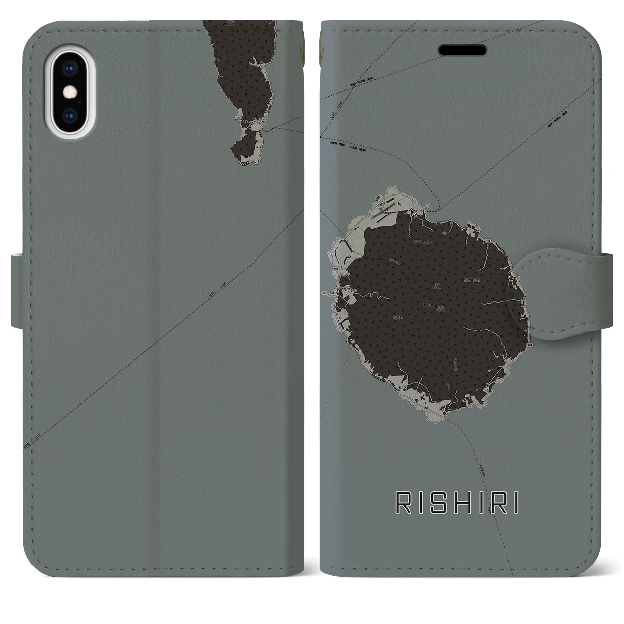 【利尻(北海道)】地図柄iPhoneケース(手帳タイプ)モノトーン・iPhone XS Max 用
