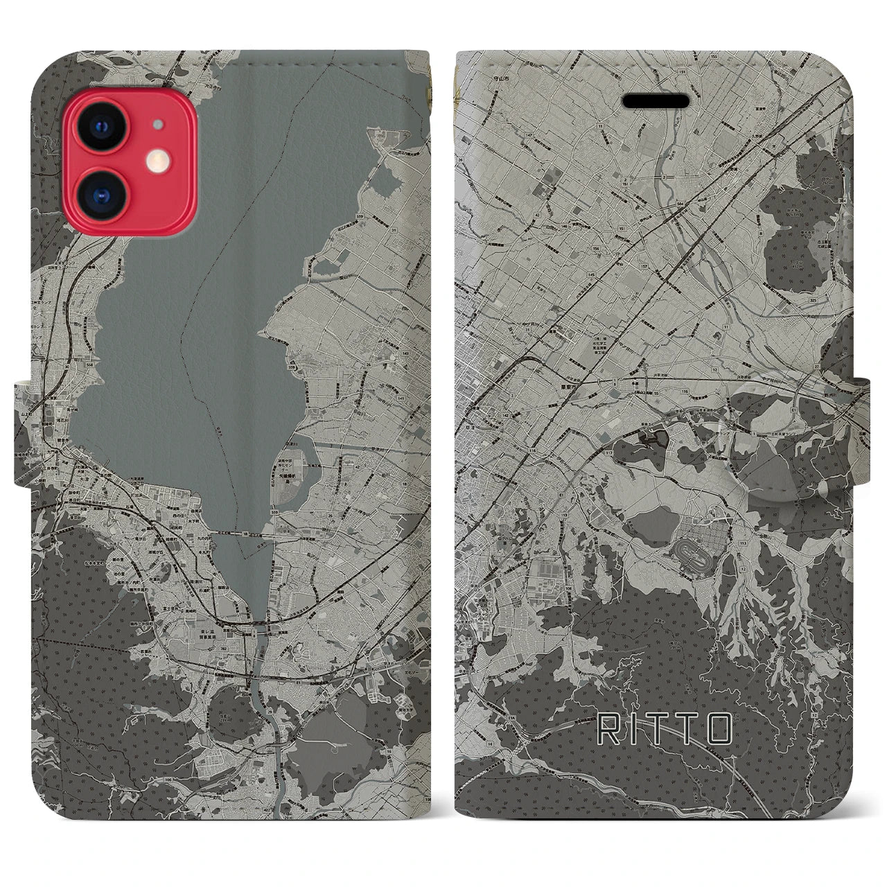 【栗東(滋賀県)】地図柄iPhoneケース(手帳タイプ)モノトーン・iPhone 11 用