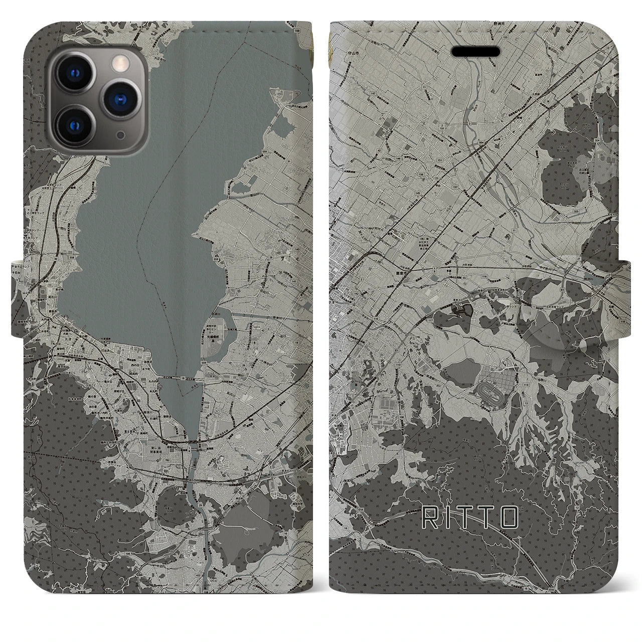 【栗東(滋賀県)】地図柄iPhoneケース(手帳タイプ)モノトーン・iPhone 11 Pro Max 用