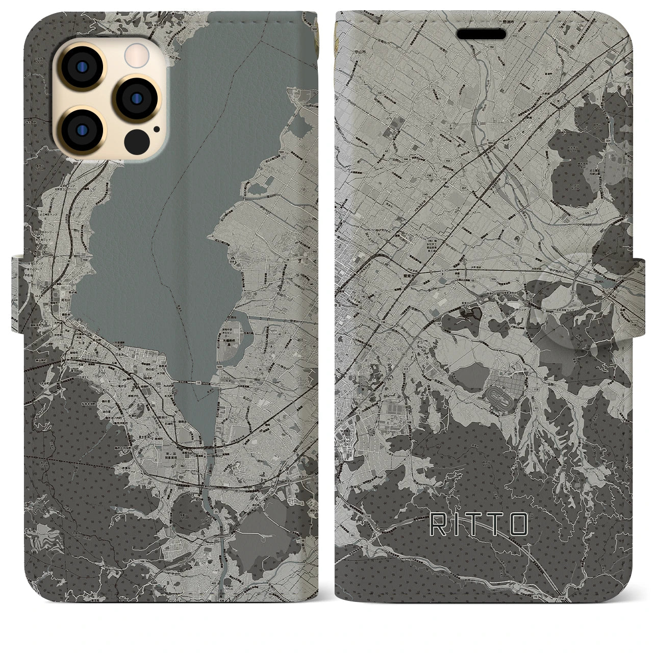 【栗東(滋賀県)】地図柄iPhoneケース(手帳タイプ)モノトーン・iPhone 12 Pro Max 用