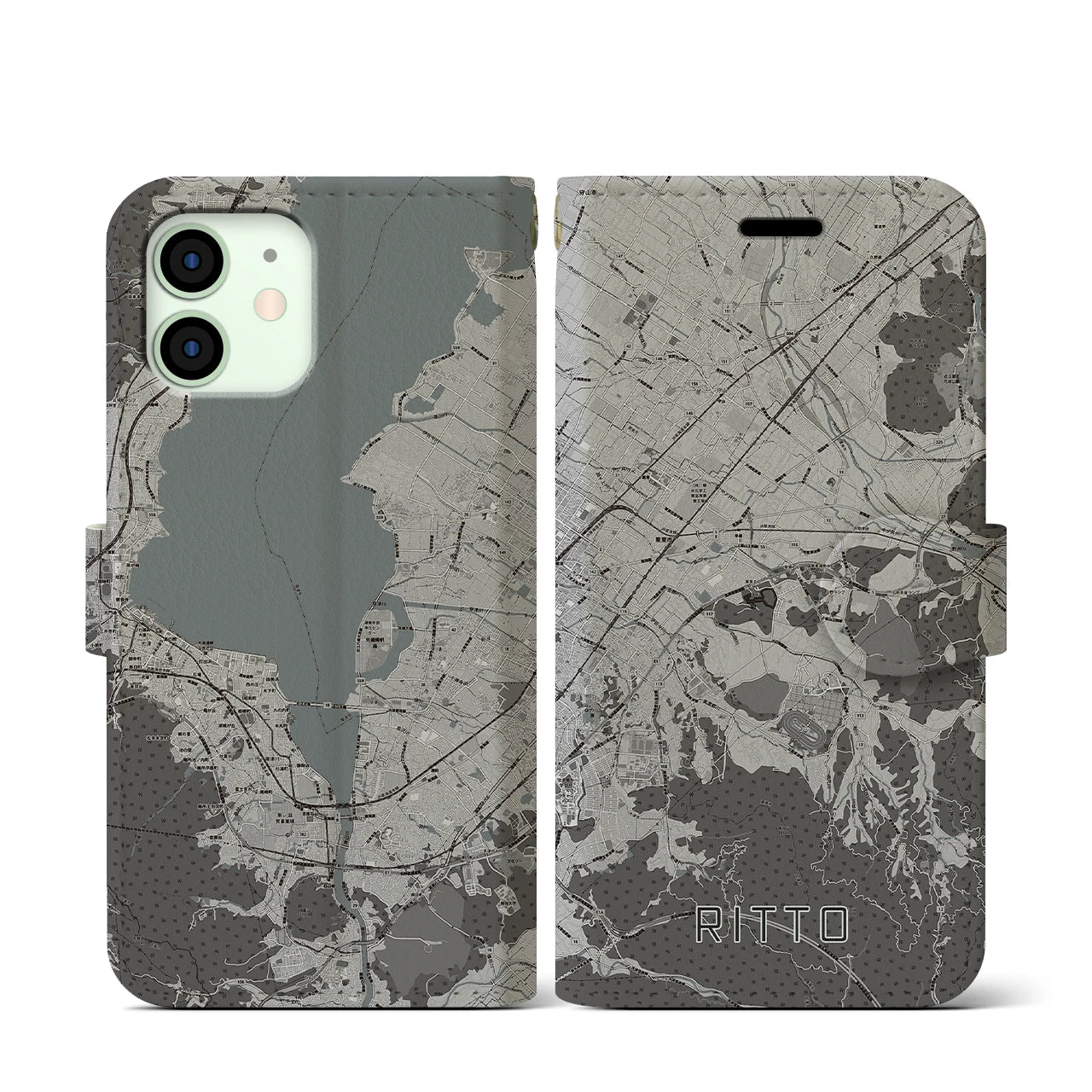 【栗東(滋賀県)】地図柄iPhoneケース(手帳タイプ)モノトーン・iPhone 12 mini 用