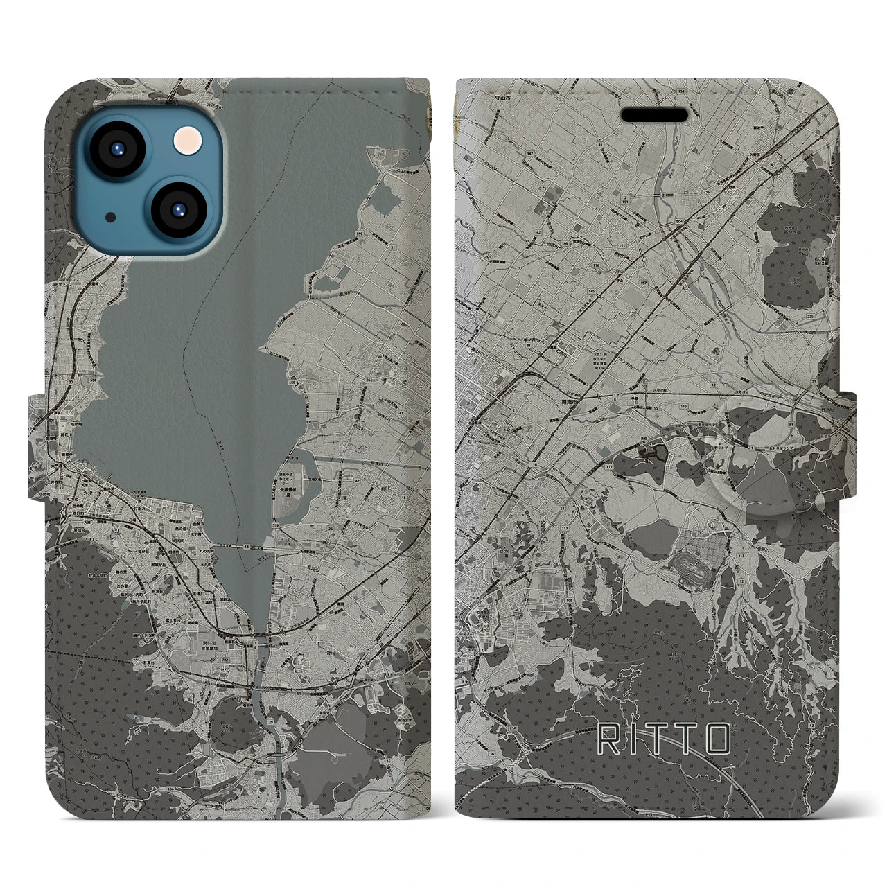 【栗東(滋賀県)】地図柄iPhoneケース(手帳タイプ)モノトーン・iPhone 13 用