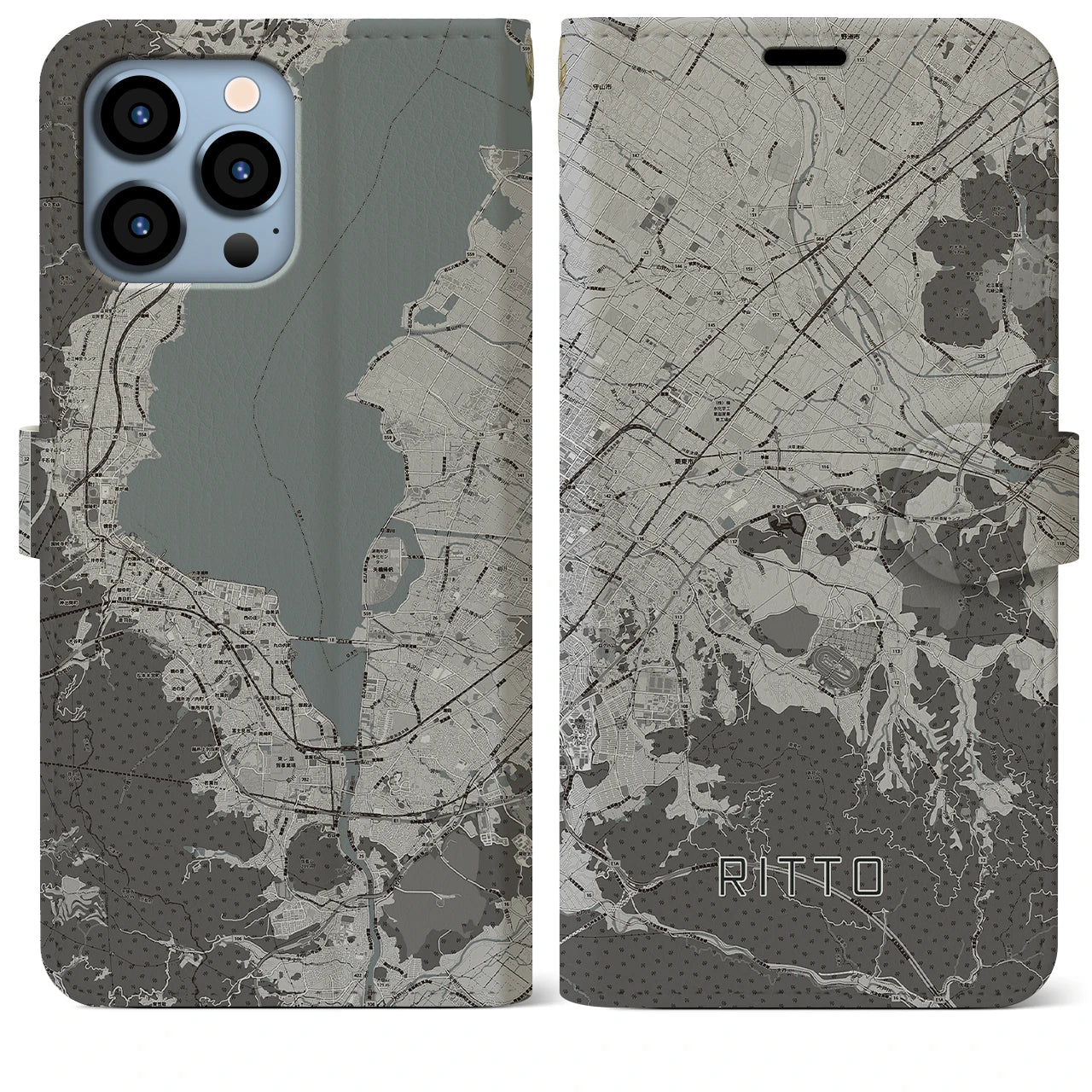 【栗東(滋賀県)】地図柄iPhoneケース(手帳タイプ)モノトーン・iPhone 13 Pro Max 用