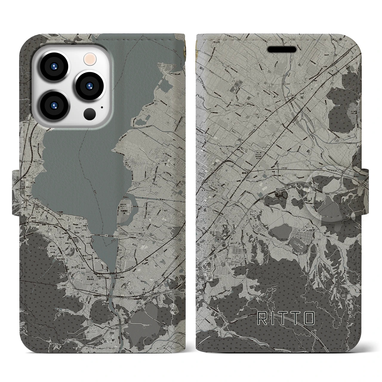 【栗東(滋賀県)】地図柄iPhoneケース(手帳タイプ)モノトーン・iPhone 13 Pro 用