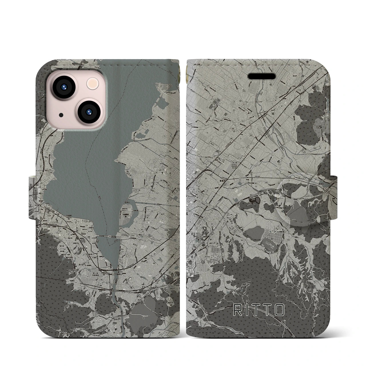 【栗東(滋賀県)】地図柄iPhoneケース(手帳タイプ)モノトーン・iPhone 13 mini 用