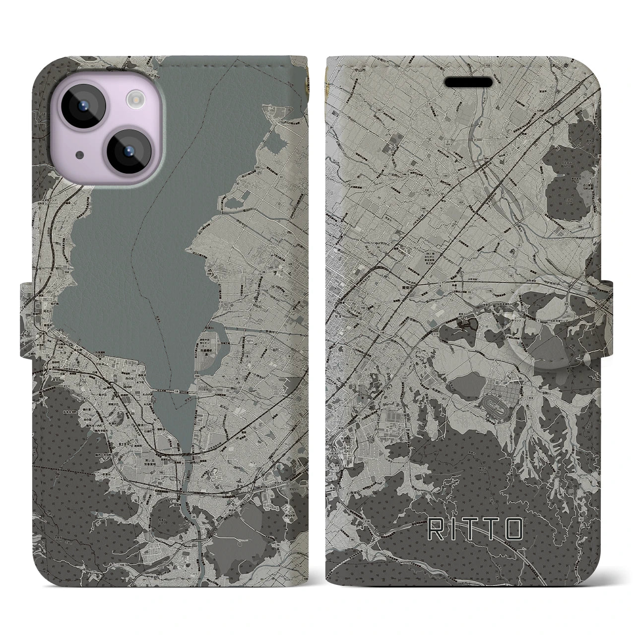 【栗東(滋賀県)】地図柄iPhoneケース(手帳タイプ)モノトーン・iPhone 14 用