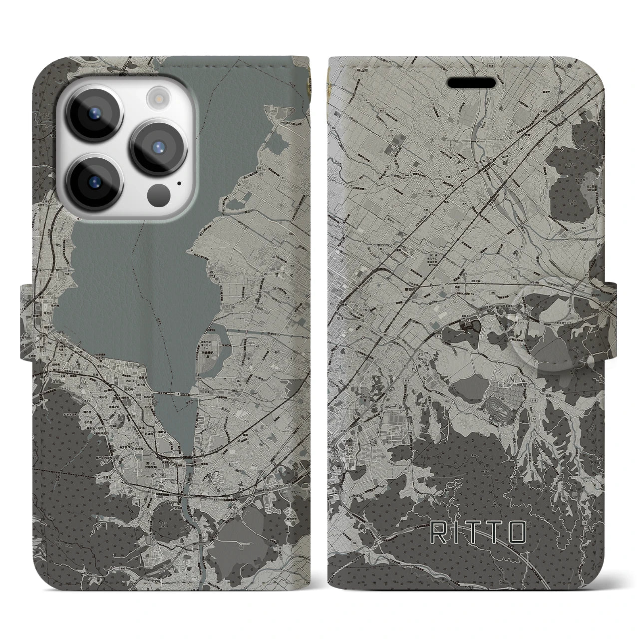 【栗東(滋賀県)】地図柄iPhoneケース(手帳タイプ)モノトーン・iPhone 14 Pro 用