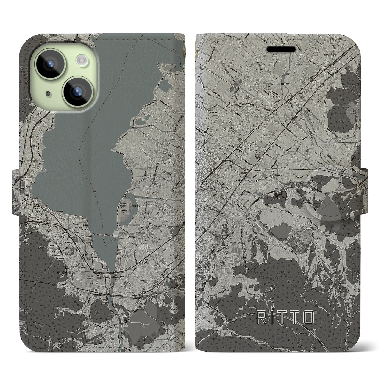 【栗東(滋賀県)】地図柄iPhoneケース(手帳タイプ)モノトーン・iPhone 15 用